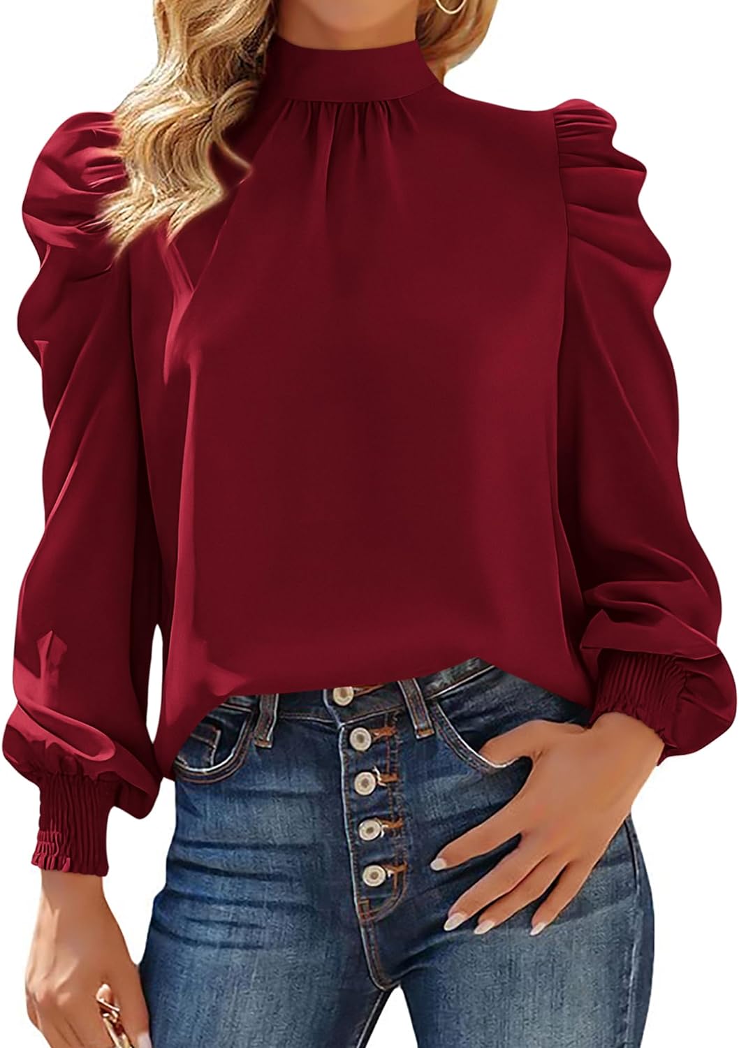 BTFBM Women Satin Mock Neck Long Sleeve Blouses Smocked Puff Sleeve Shirts Business Casual Tops Work Dressy Top Blouse