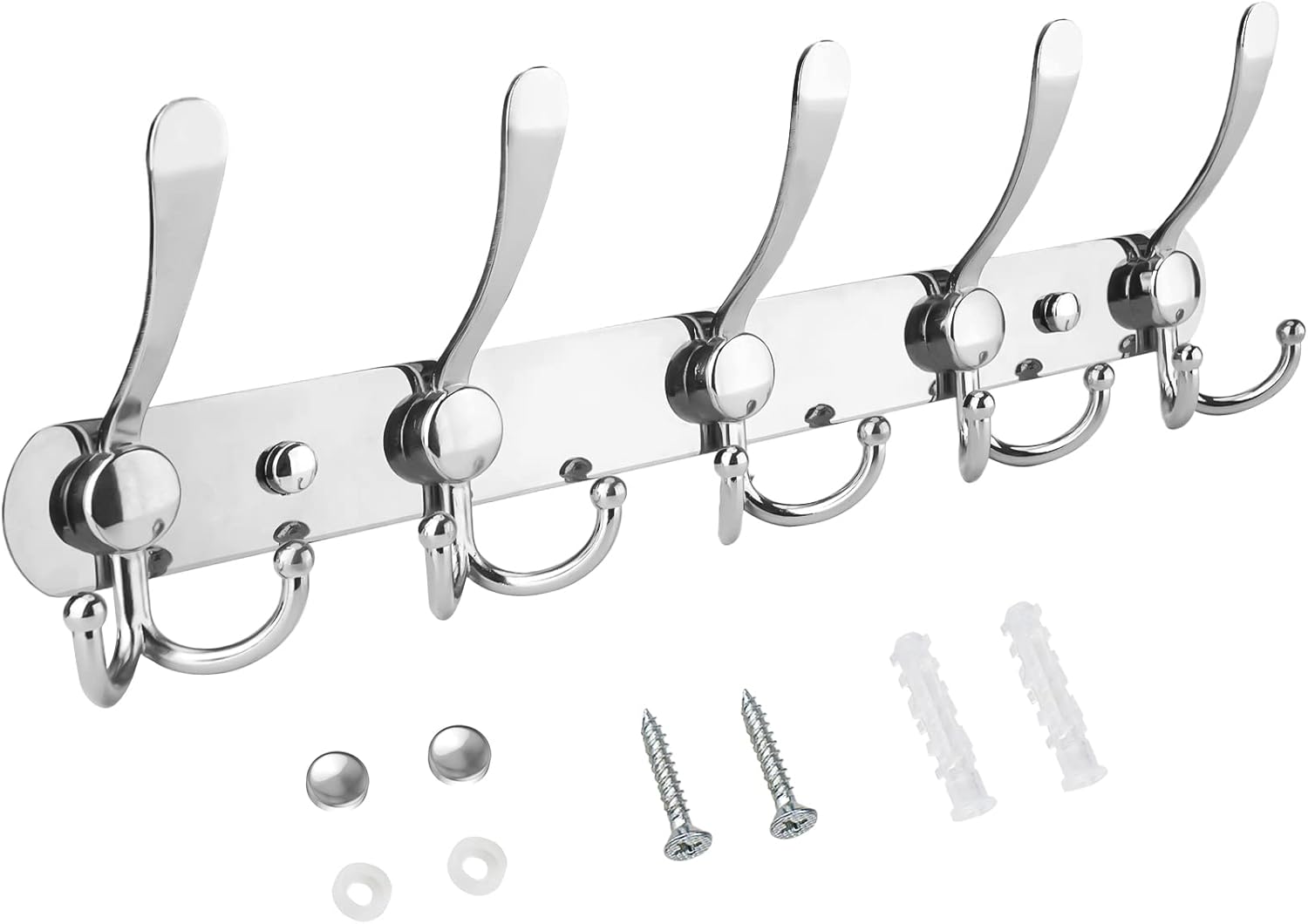 TICONN Wall Mounted Coat Rack, Five Heavy Duty Tri Hooks All Metal Construction for Jacket Coat Hat in Mudroom Entryway (Chrome, 1-Pack)