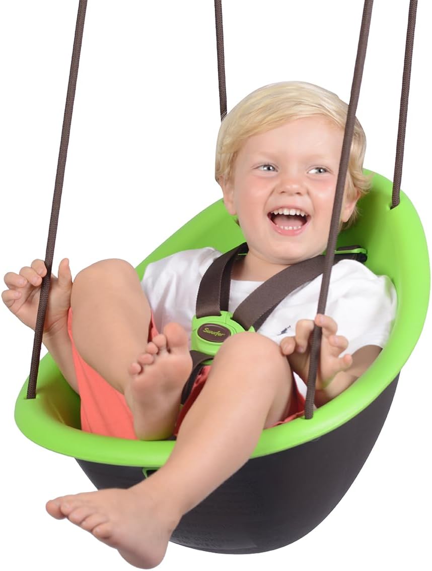 Swurfer Kiwi Toddler Swing  Comfy Baby Swing Outdoor, 3-Point Adjustable Safety Harness, Safe Quick Click Locking System, Foam-Lined Shell, Blister-Free Rope, Easy Installation, Age 9 Months and Up