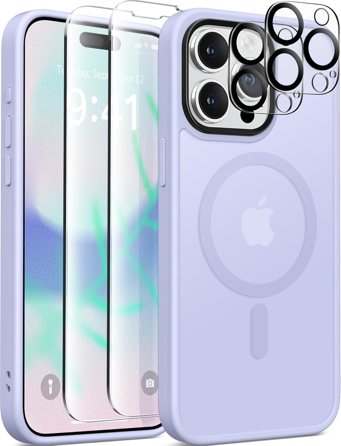 Magnetic for iPhone 15 Pro Max Case,Compatible with MagSafe,[2 Screen Protector & 2 Camera Cover][Anti-Fingerprint] Slim Translucent Matte Back Shockproof Phone Protective Case(Lilac)