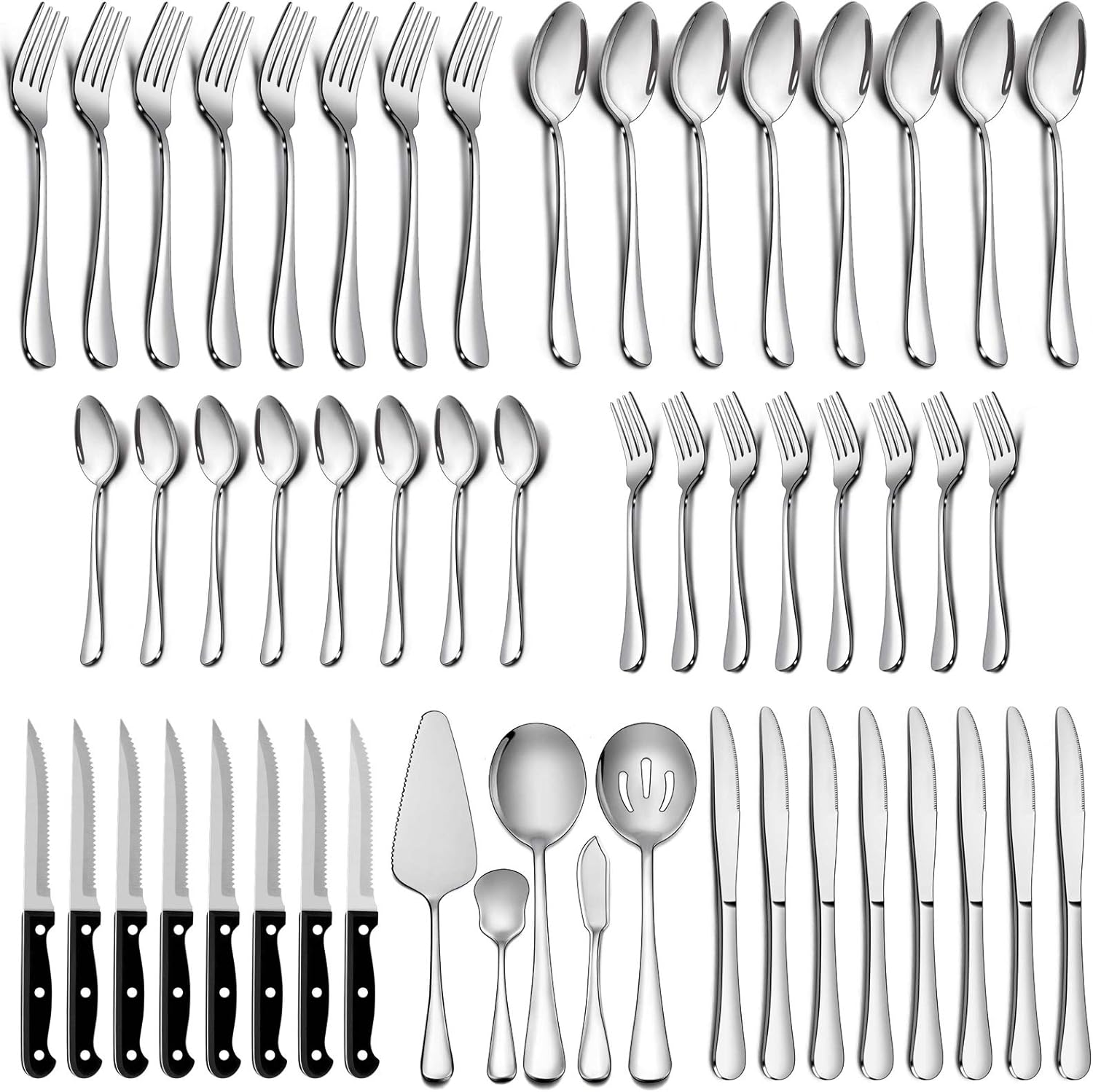 LIANYU 53-Piece Silverware Set Service for 8 with Steak Knives and Serving Utensils, Forks and Spoons Silverware Set, Stainless Steel Flatware Cutlery Set, Eating Utensil Set for Home, Dishwasher Safe