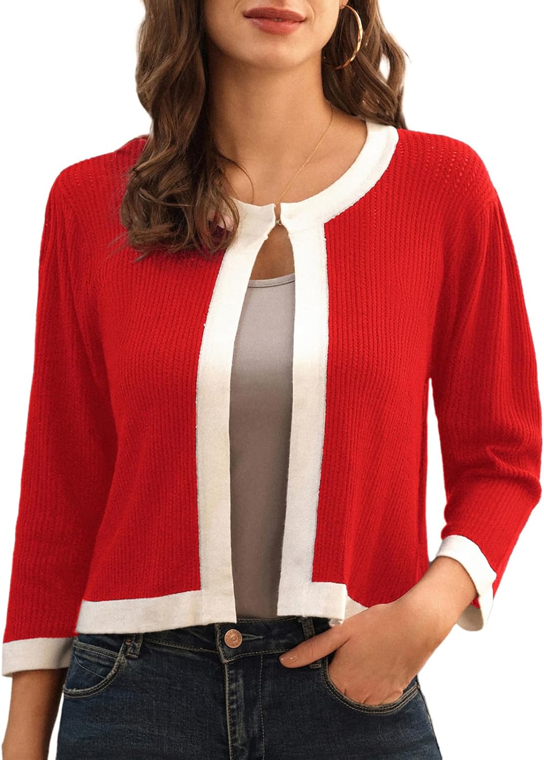 GRACE KARIN Lightweight Cropped Cardigans Sweaters Knitted Shrugs Casual Color Block Classy 3/4 Sleeve Comfort