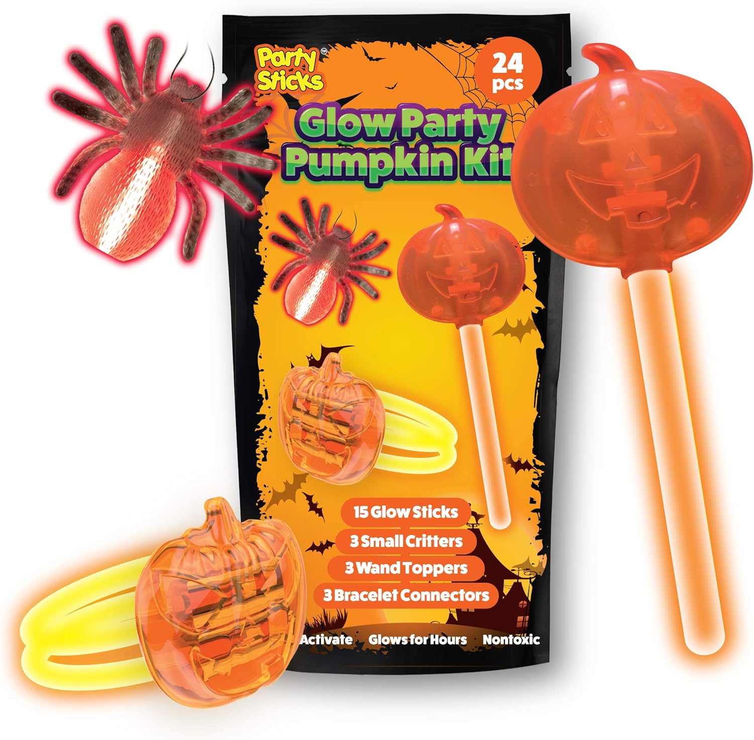 PartySticks Glow Party Pumpkin Kit Party Favors for Kids- 24pk Glow in The Dark Party Decorations with 15 Glow Sticks, 3 Fake Bug Critters, 3 Wand Toppers, and 3 Glow Bracelet Connectors