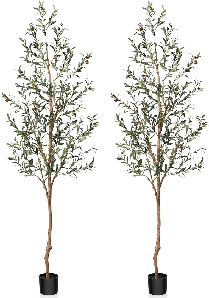 Artificial Olive Tree, 7FT Tall Fake Silk Plants with Natural Wood Trunk Faux Potted Tree for Home Decor Indoor Office Porch, Set of 2