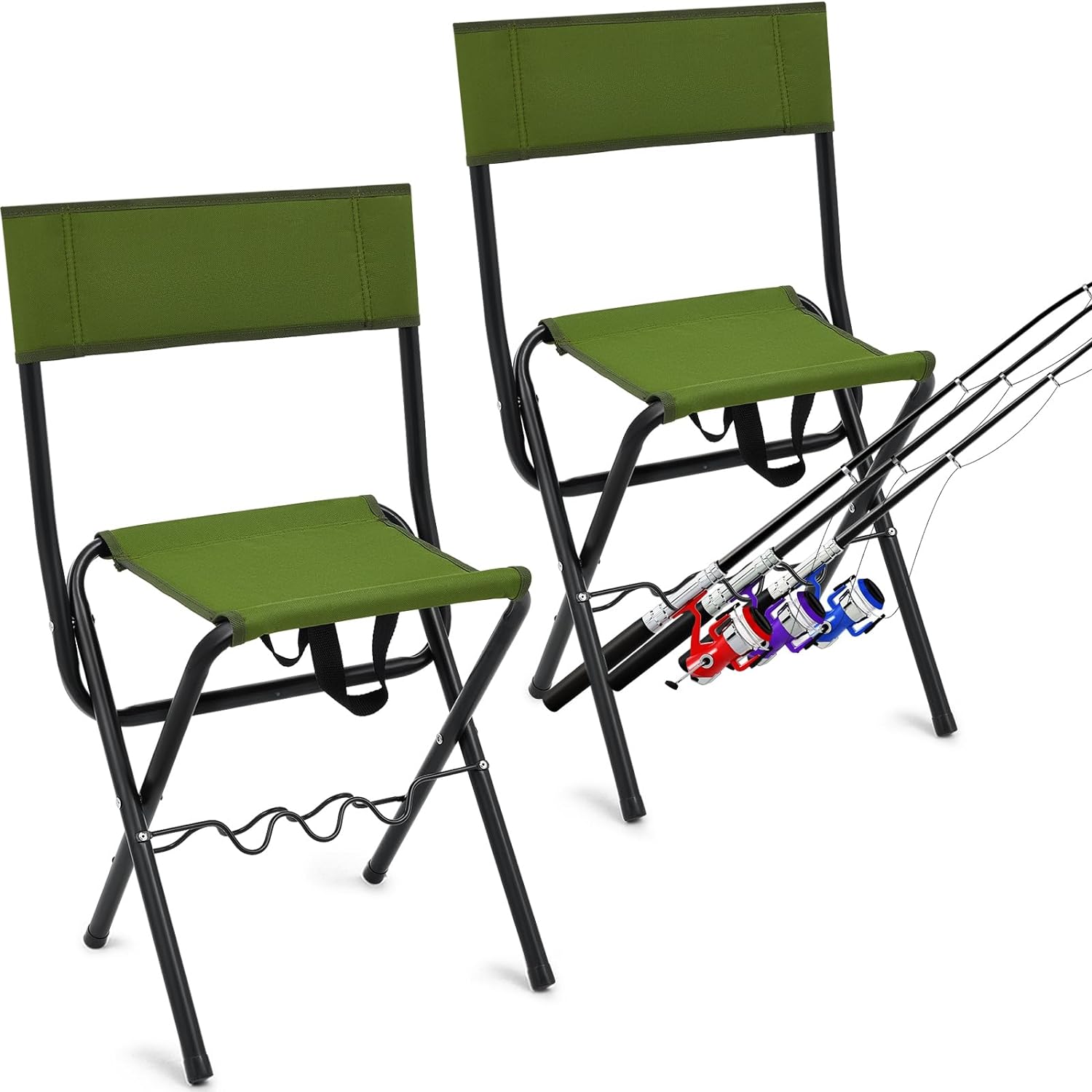 2 Pcs Summer Folding Fishing Chair with Rod Holder Hunting Camping Chairs for Adults Outdoor Portable Folding Chair for Men Women Ice Fishing Lawn Patio Garden Beach Gifts, Green