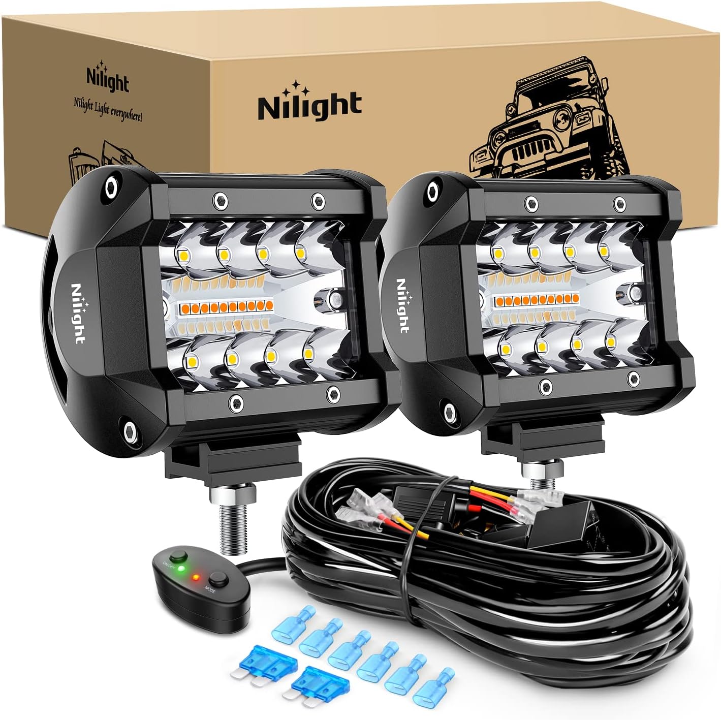 Nilight 2PCS 4Inch 60W LED Pods Spot Flood Amber White Light Bar Strobe 6 Modes Memory Function Off-Road Truck Car ATV SUV Cabin Boat with 16AWG Wiring Harness Kit-2 Lead, 2 Years Warranty