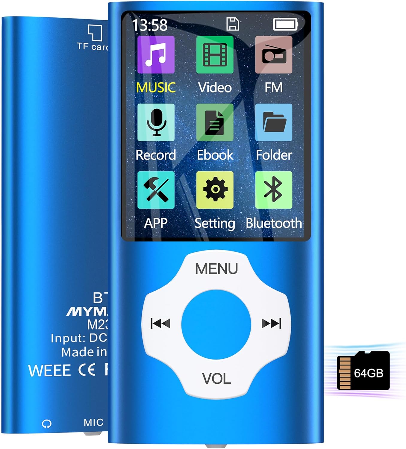 MYMAHDI 64GB MP3 Player with Bluetooth 5.2, LCD Screen Music Player Up to 128GB,MP3 Player for Kids with Music,Video,Voice Record,FM Radio,E-Book Reader,Photo Viewer,Blue