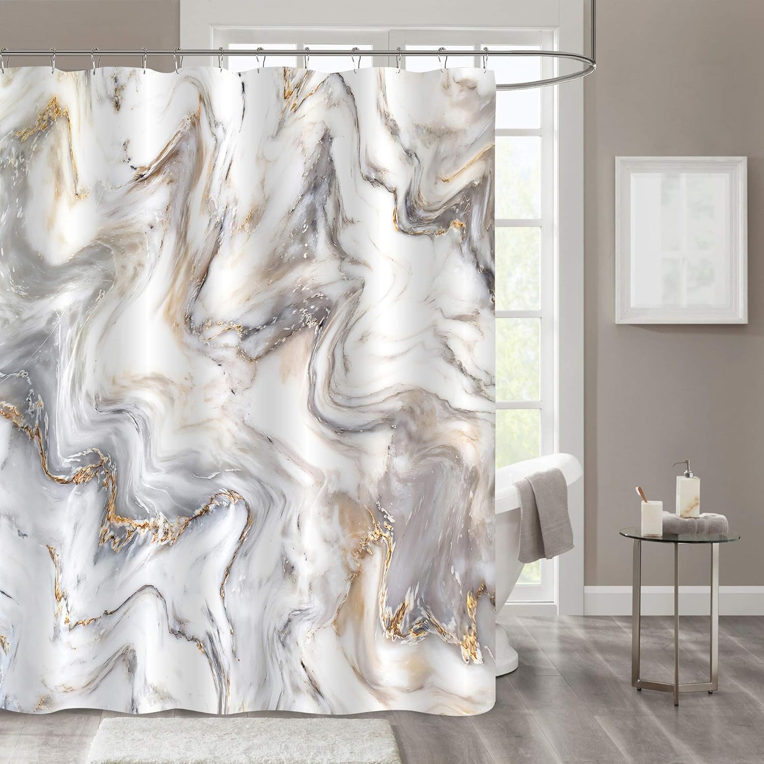 Gibelle Long Shower Curtain 72 x 78, Tall Abstract Grey Gold Marble Shower Curtain, Modern Luxury Neutral Art Waterproof Fabric Shower Curtain for Bathroom Decor