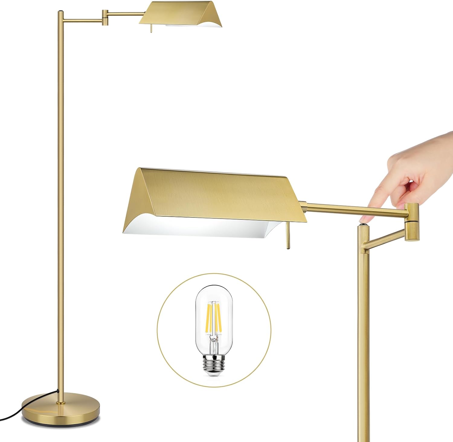 Mlambert Reading Floor Lamp,LED Pharmacy Lamp with Swing Arm,Swivel Head Adjustable Standing Lamp,E26 Base,Corner Lamp for Livingroom,Sewing(Brass)