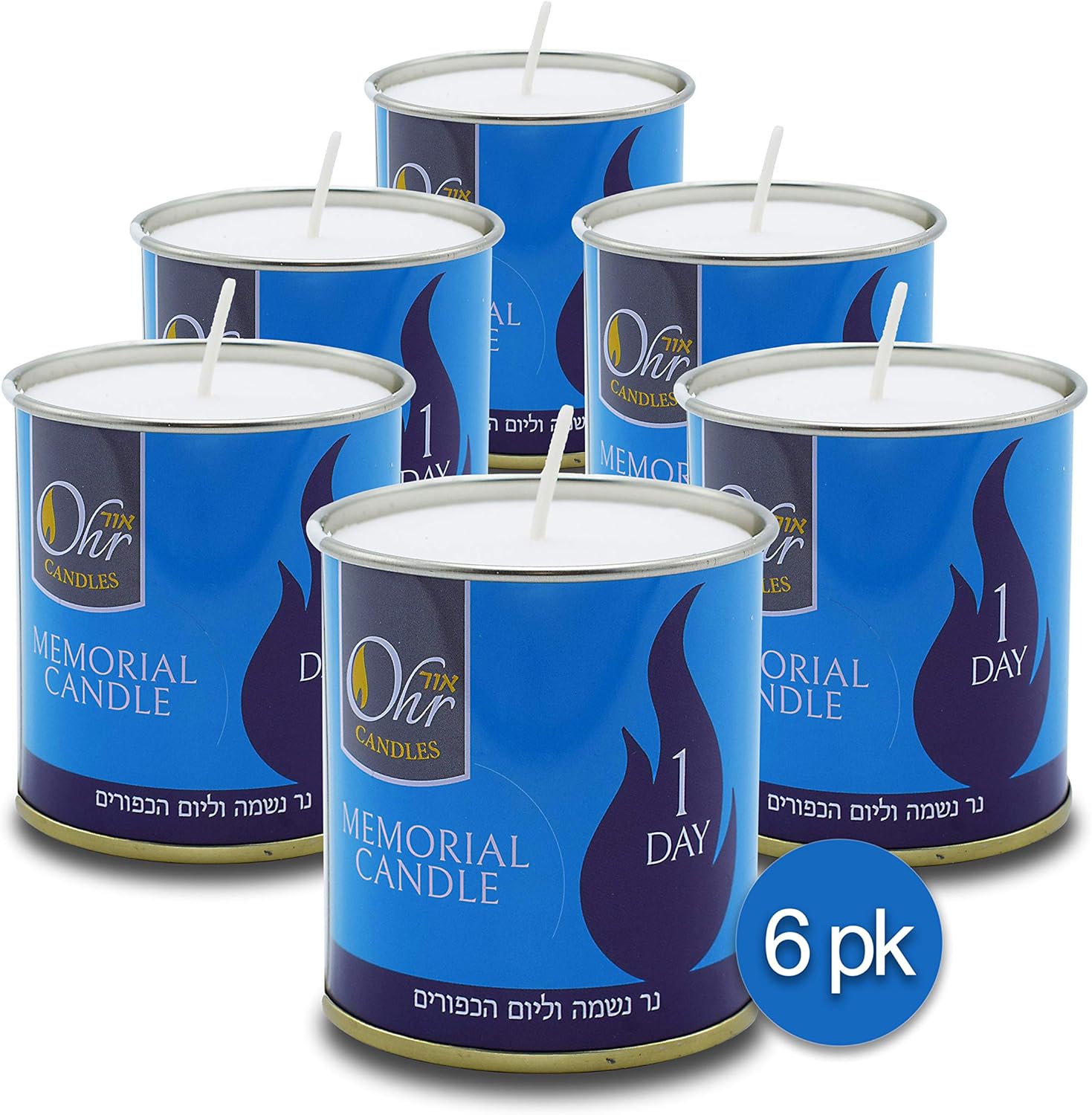 1 Day Yahrzeit Candle - 6 Pack - 24 Hour Kosher Yahrtzeit Memorial and Yom Kippur Candle in Tin Cup Holder