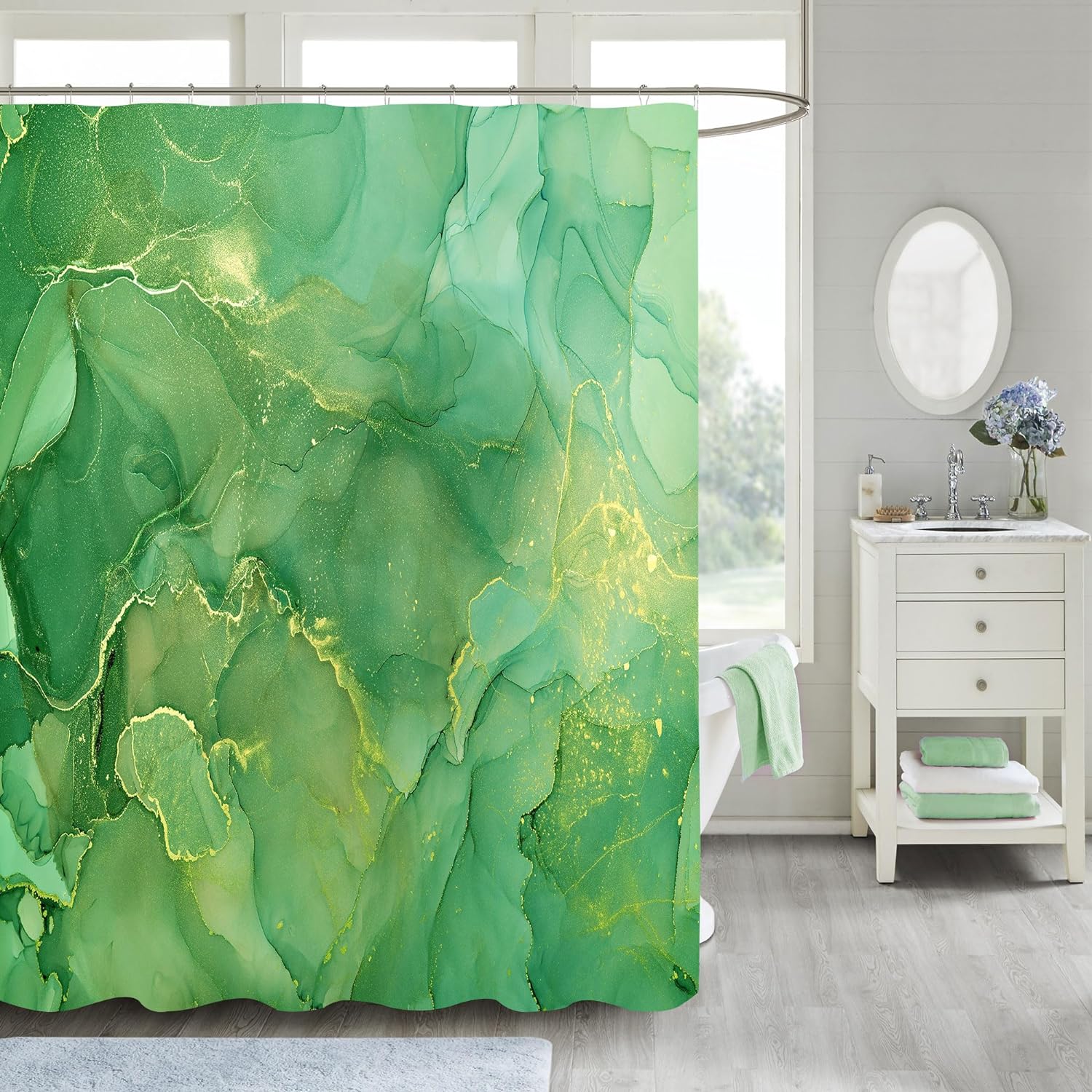 Gibelle Green Shower Curtain, Abstract Marble Fabric Shower Curtain for Bathroom, Modern Ombre Watercolor Ink Art Shower Curtain Set with Hooks, 72 x 72