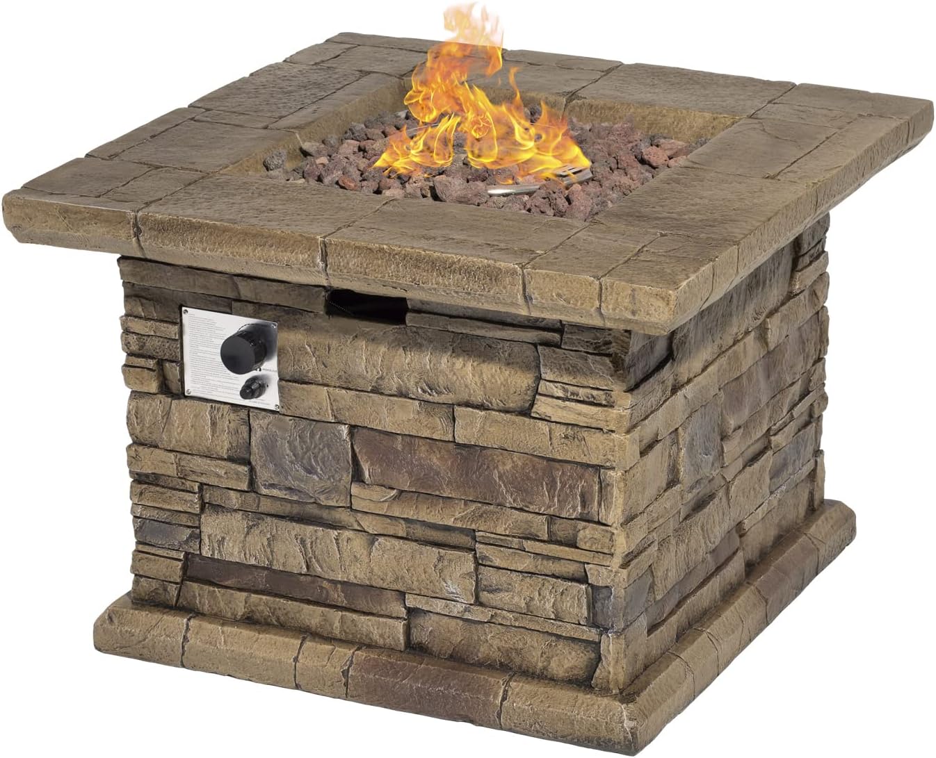 SUNBURY Outdoor Propane Fire Pit, Square Stonecrest Gas Fire Pit for Outside Patio, Concrete Propane Fire Table 50,000 BTU Gas Fire Pit w Lava Rocks, Waterproof Cover