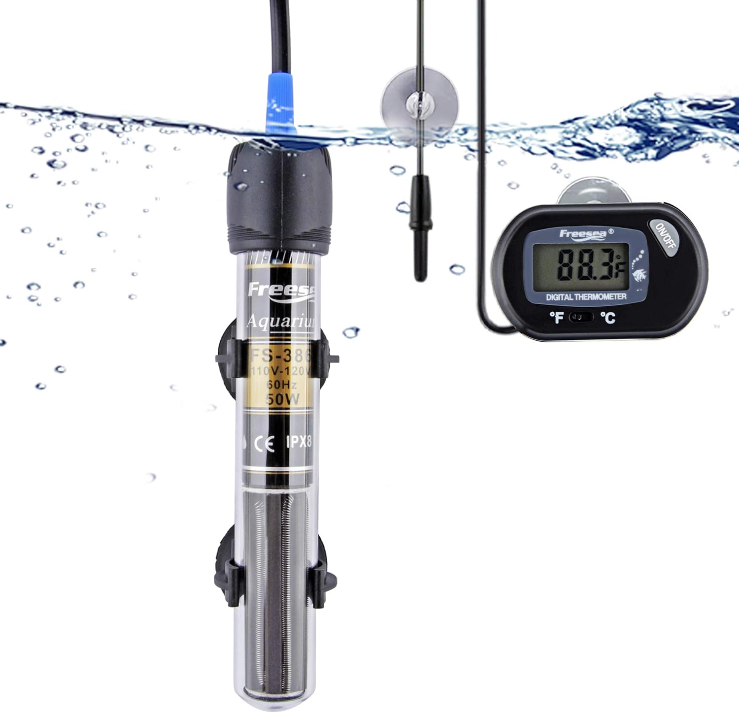 FREESEA 50 Watt Aquarium Submersible Betta Heater with Aquarium Submersible Thermometer