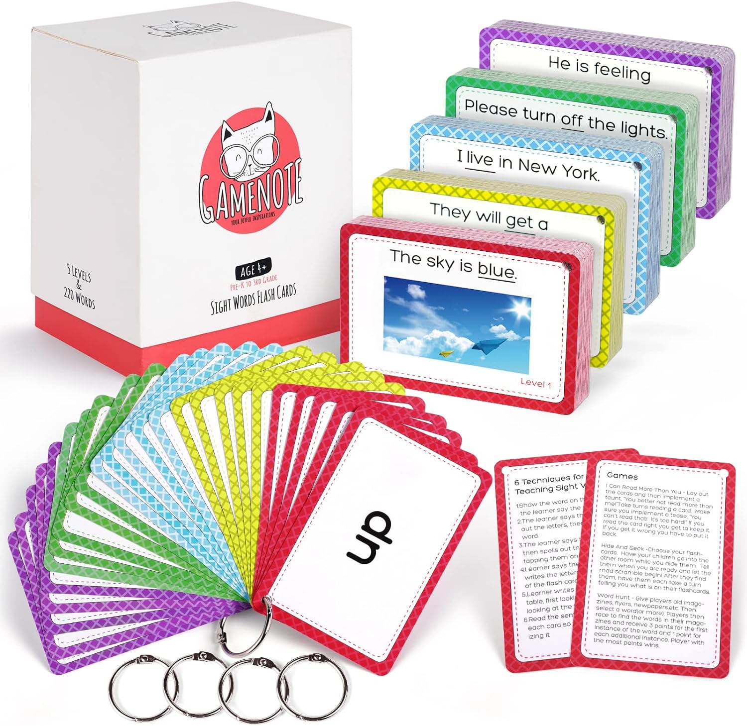 GAMENOTE Sight Words Kids Educational Flash Cards with Pictures & Sentences - 220 Dolch Big Word Games for Toddlers, Aged 3-9 Preschool Learning Activities(Pre K), Kindergarten, 1st, 2nd, 3rd Grade