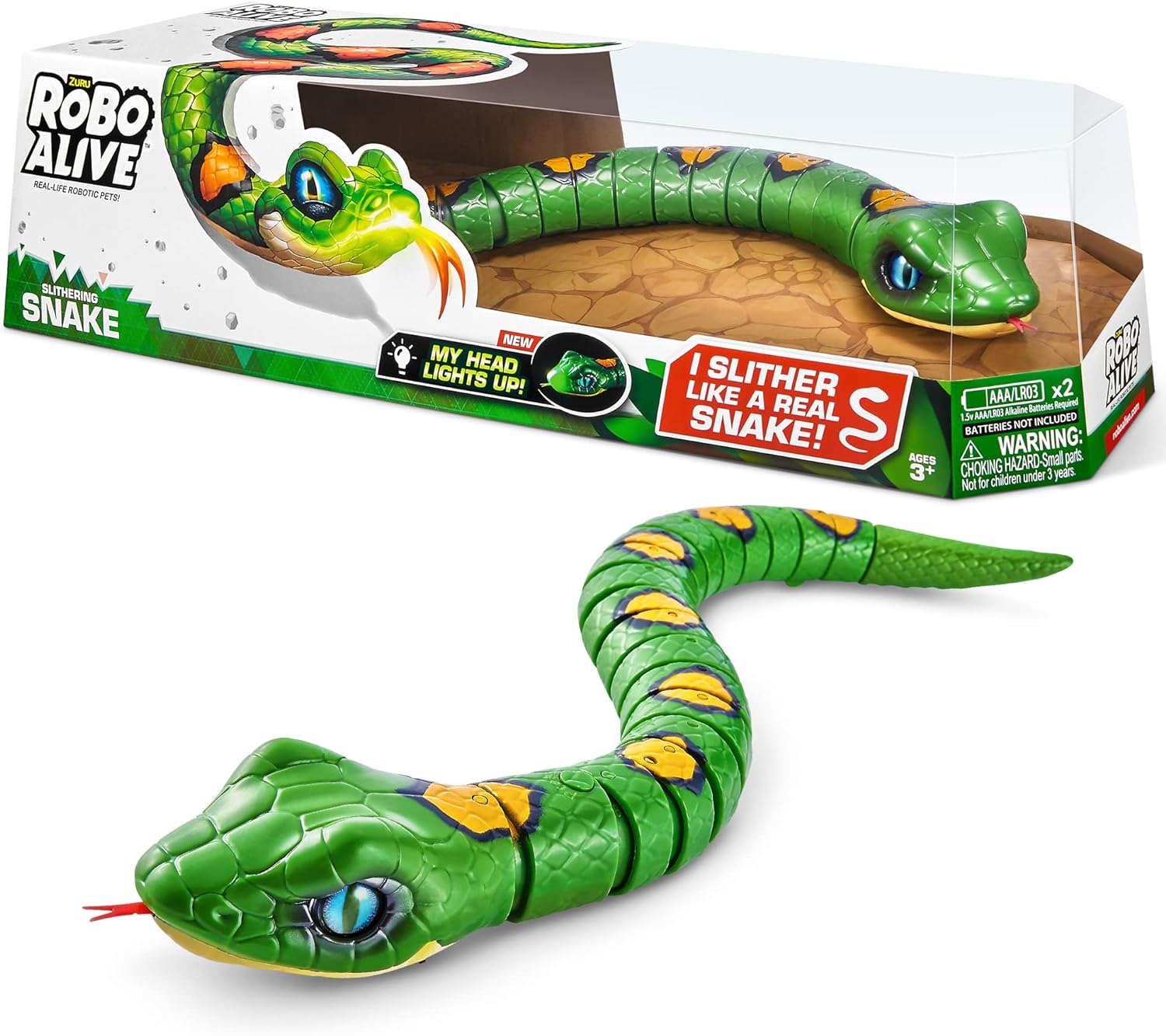 Robo Alive Slithering Snake Series 3 Green by ZURU Battery-Powered Robotic Light Up Reptile Toy That Moves (Green),7150B