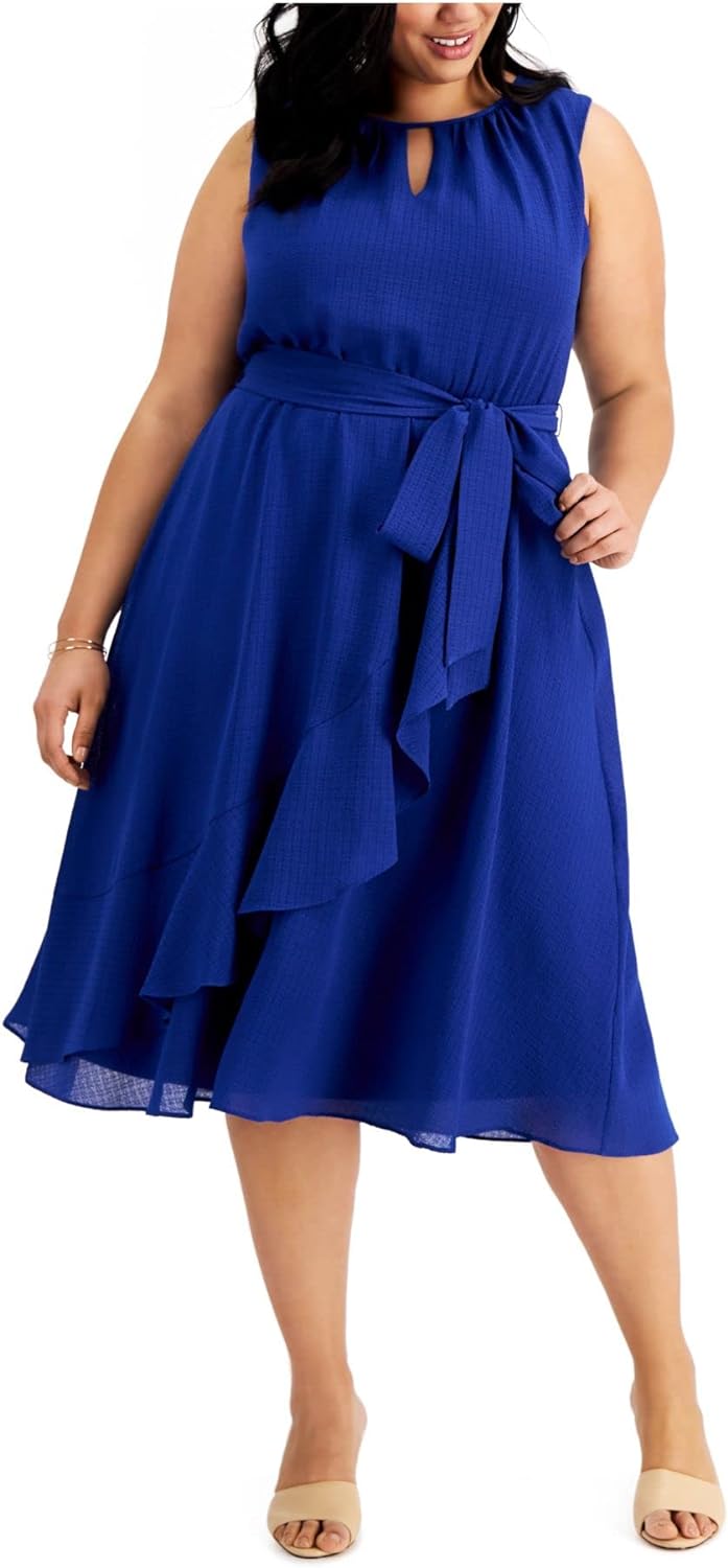 Jessica Howard Women' Fit and Flare Dress with Keyhole Neck and Ruffle Faux Wrap Skirt and Tie Sash