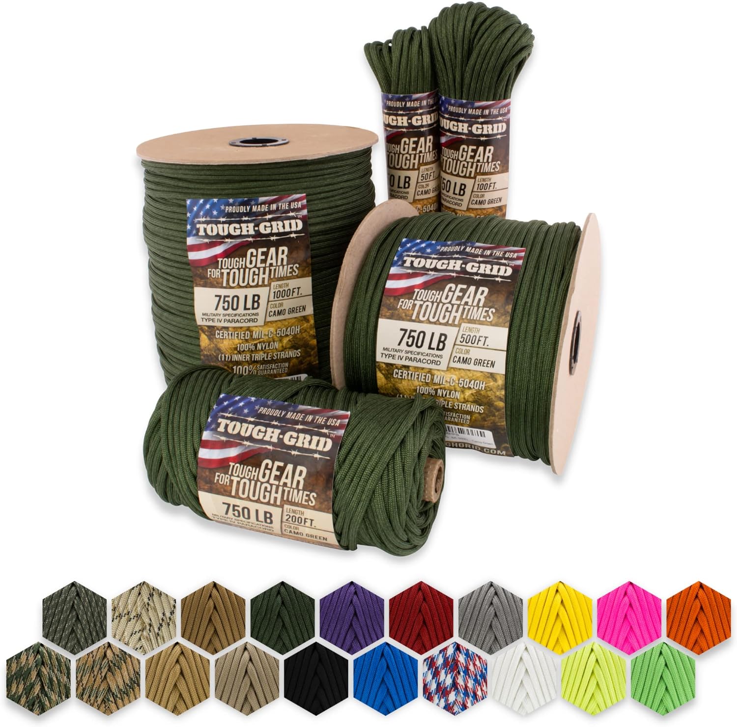 TOUGH-GRID Premium 750lb Paracord - 100% Nylon Type IV Mil-Spec - UV & Abrasion Resistant - Heavy Duty Strands - Outdoor Survival - Used by US Military for Dad - 50 ft to 1000 ft