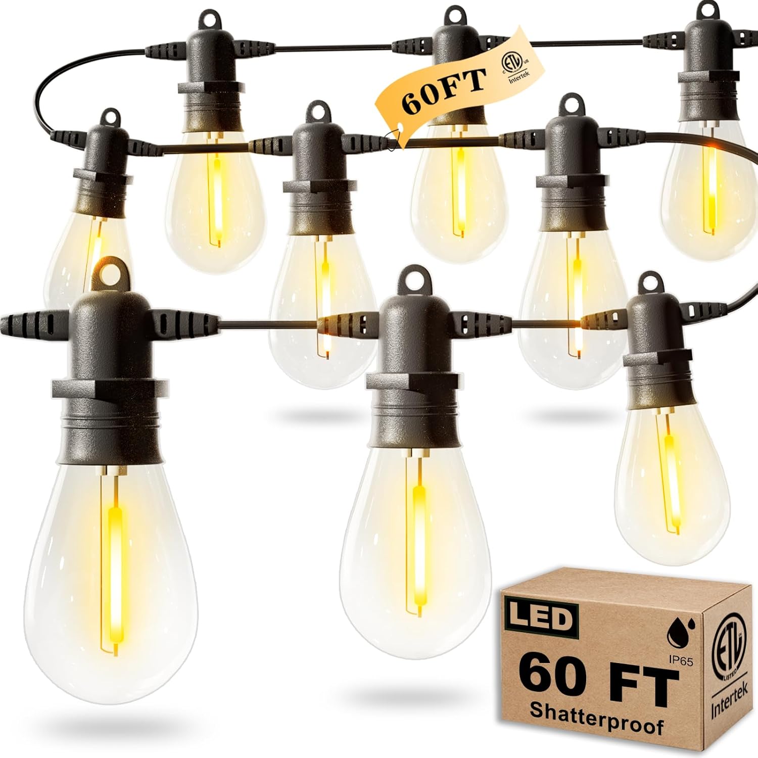 60FT LED Outdoor String Lights with 16+1 Edison Shatterproof IP65 Waterproof Bulbs, 2700K Dimmable Commercial Grade Patio Lights, Heavy Duty Outside Hanging Lights for Garden Porch Deck Decor