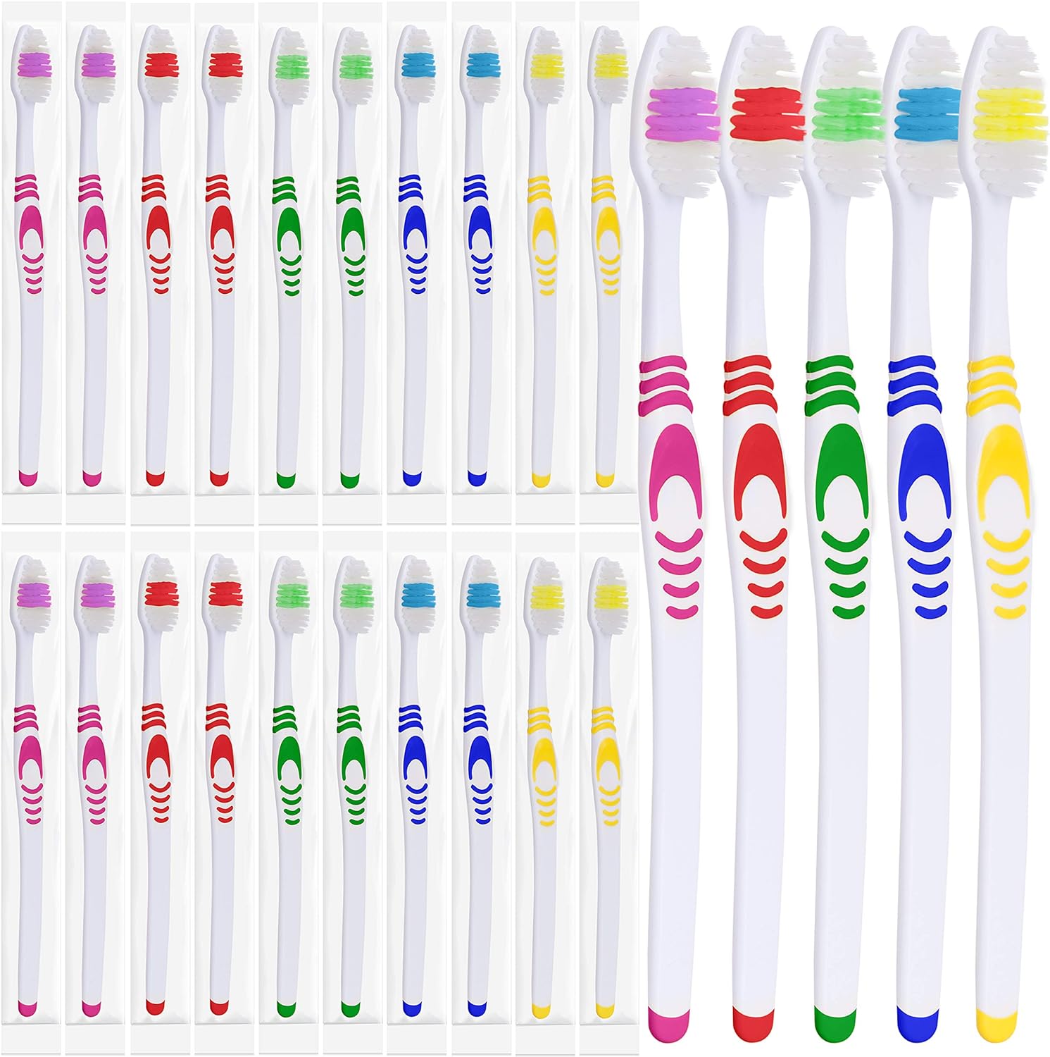 25 Bulk Toothbrushes | Individually Wrapped | Manual Disposable Travel Toothbrush Set for Adults or Kids | Made with a Medium-Soft Large Head | Multi-Color | Travel Toiletry Oral Set