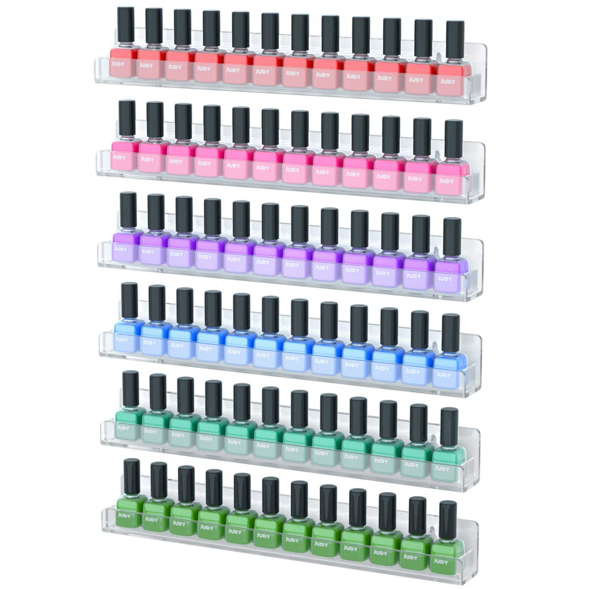 NIUBEE 6 Pack Nail Polish Rack Wall Mounted Shelf with Removable Anti-slip End Inserts, Clear Acrylic Nail Polish Organizer Display 90 Bottles