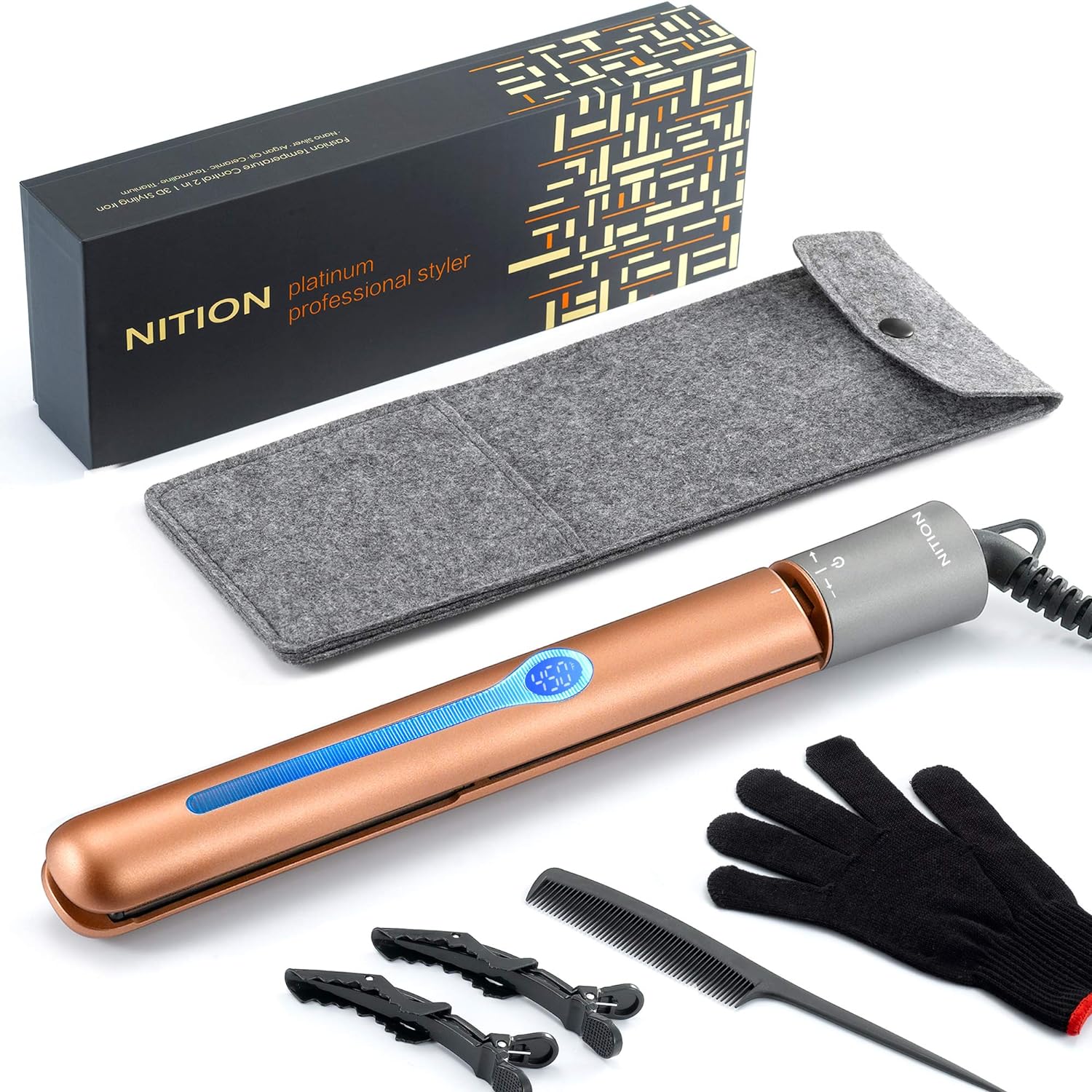 NITION Ceramic Tourmaline Flat Iron for Hair LCD Hair Straighteners MCH Fast Straightening. Healthy Styling 265-450°F 6-Temps Adjustable for All Hair Type. 2-in-1 Curling Iron. 1" Heating Plate. Gold