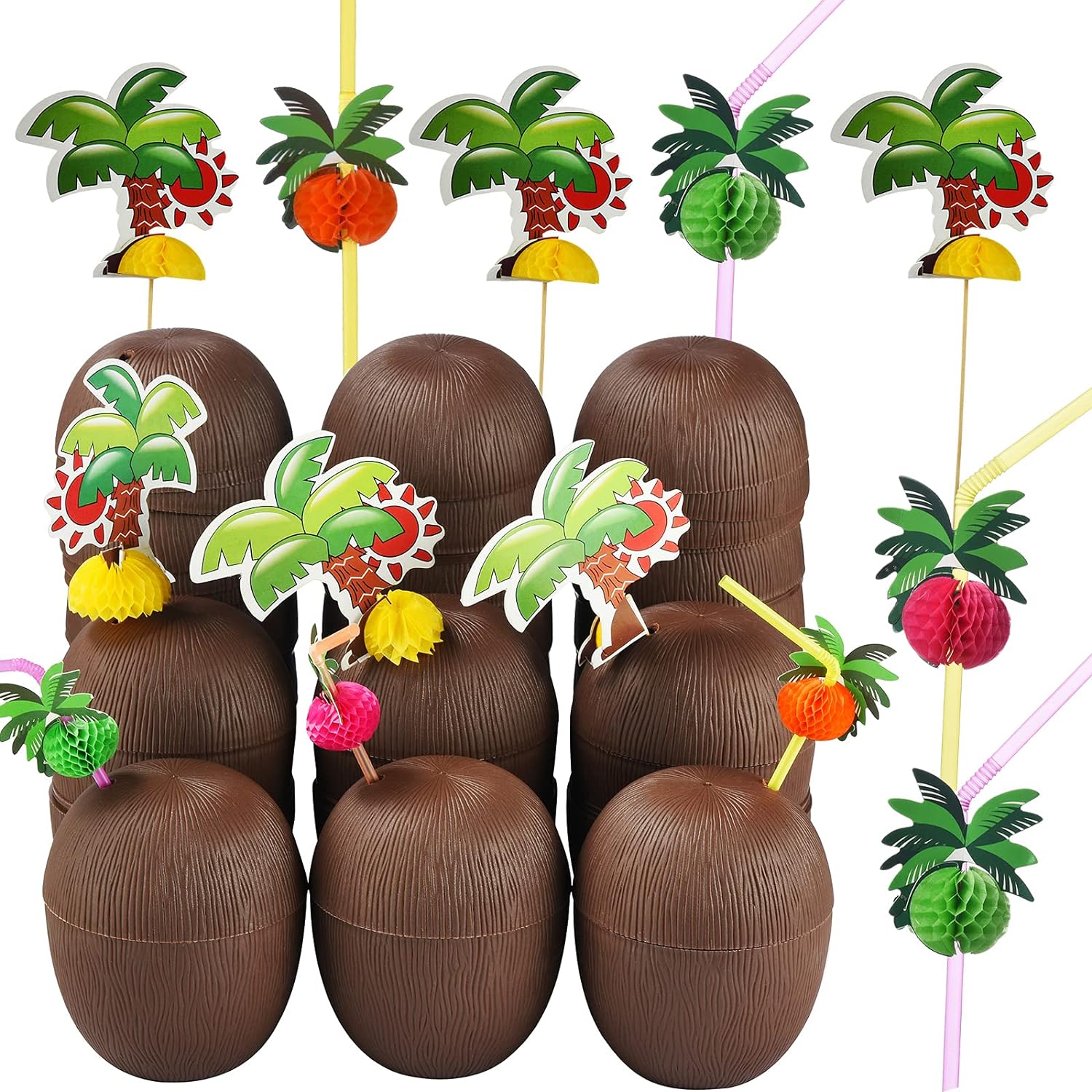 ALINK 18 Coconut Cups with 18 Straws and 18 Cocktail Drink Picks, Hawaiian Luau Tiki and Beach Party Decorations for Kids and Adults