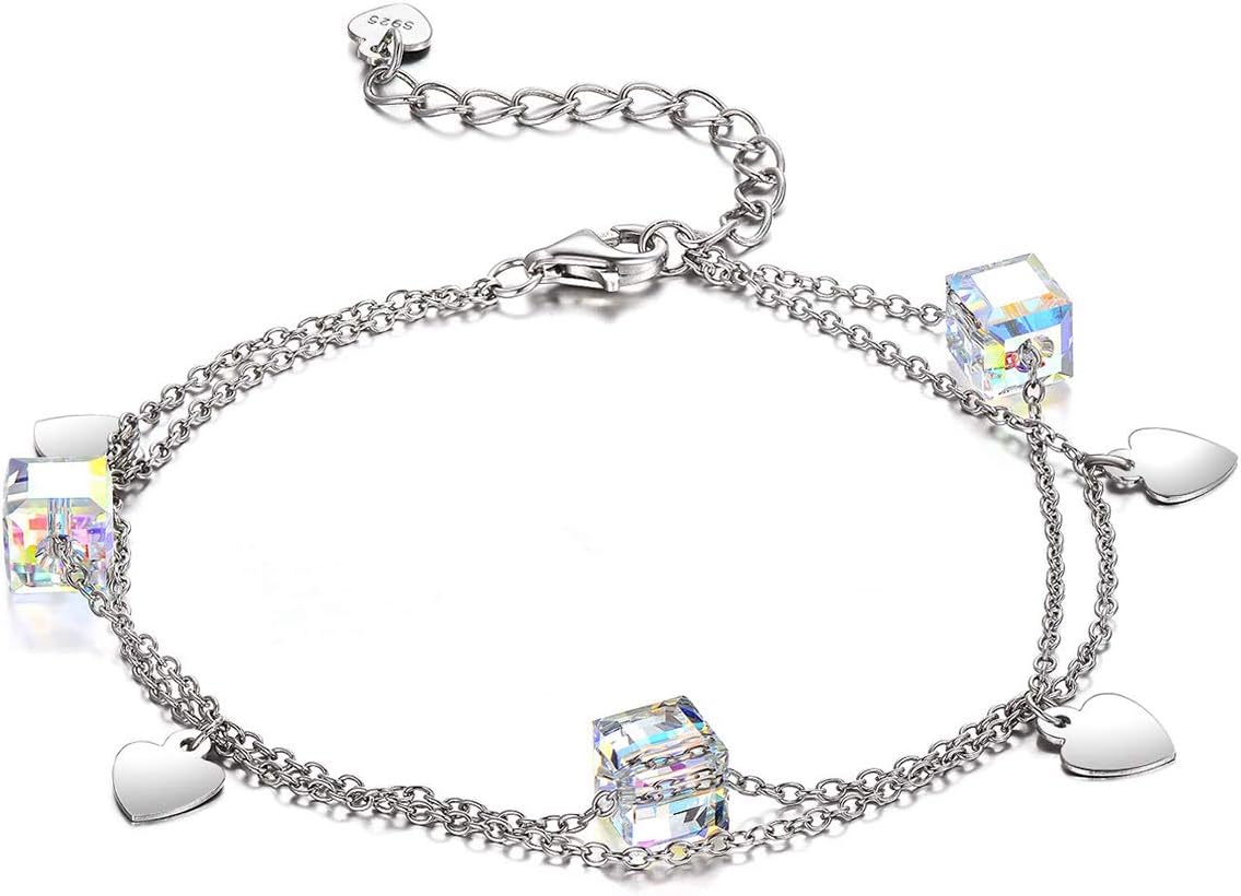 AOBOCO Sterling Silver Aurora Crystal Bracelet with Love Heart Charms, Aurore Boreale Crystals from Austria, Double Layer Chain Bracelet, Anniversary Birthday Gifts Aurora Jewelry for Women