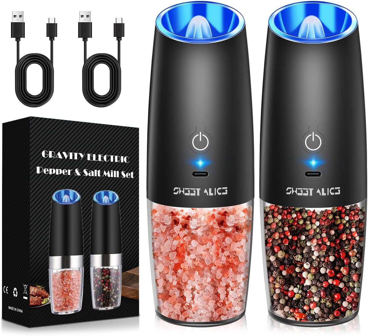 Rechargeable Electric Pepper and Salt Grinder Set, No Battery Needed, whit Gravity Sensing Switch and LED Light, One Hand Automatic Operation, Black 2 Pack