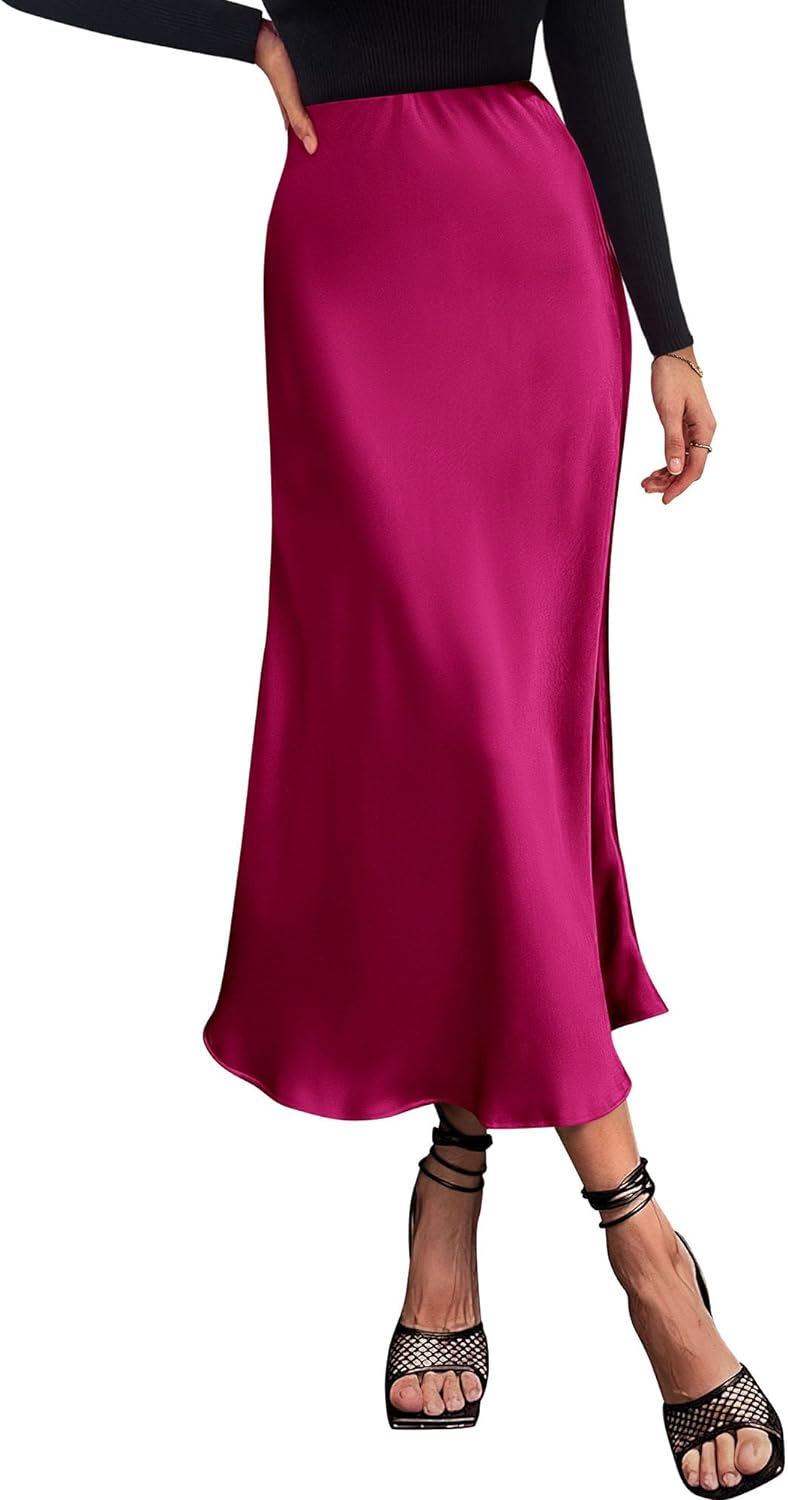 BTFBM 2024 Women Long Satin Summer Spring Skirt Silk Elegant High Waist Cocktail Party Wedding Flared A-Line Midi Skirts