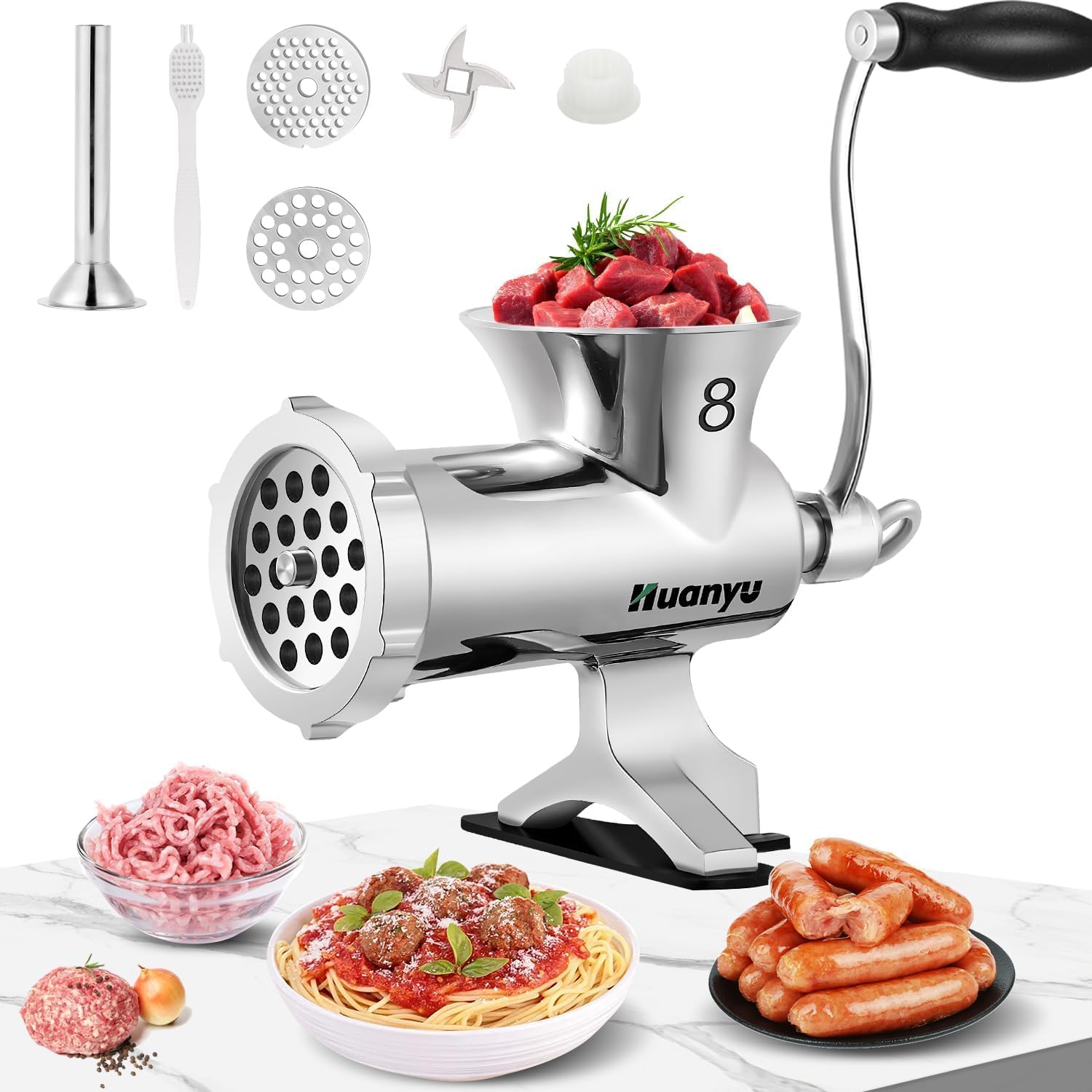 Huanyu Manual Meat Grinder Stainless Steel Hand Cranked Meat Grinding Machine Household Pork Mincer Sausage Maker (NO.8)