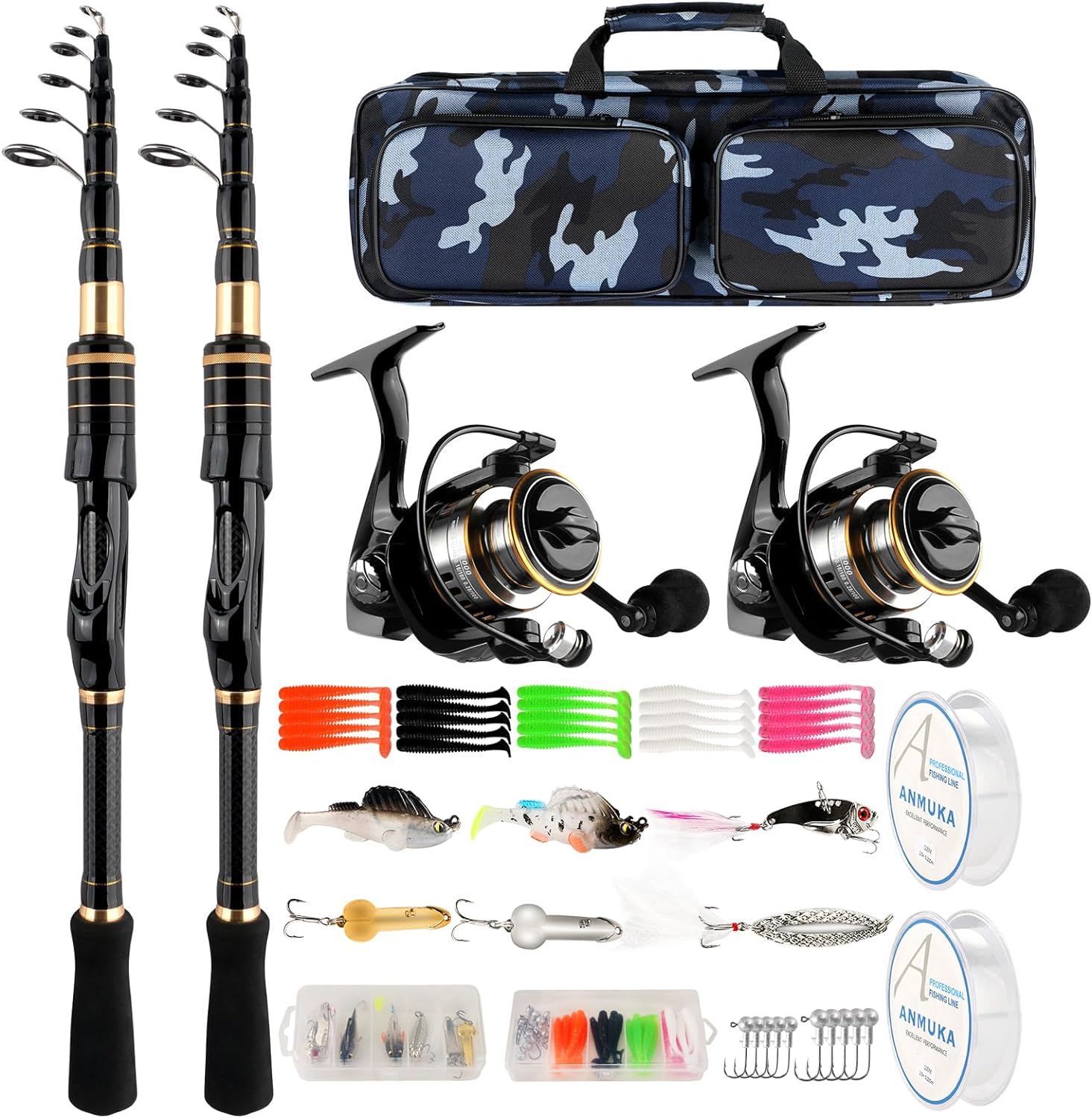 mouhike Telescopic Fishing Rod Reel Combo Collapsible Fishing Pole Spinning Reel Kit with Compact Tackle Bag, Fishing Gear Set Travel Fishing Rod Kit for Saltwater Freshwater Fishermen Gift