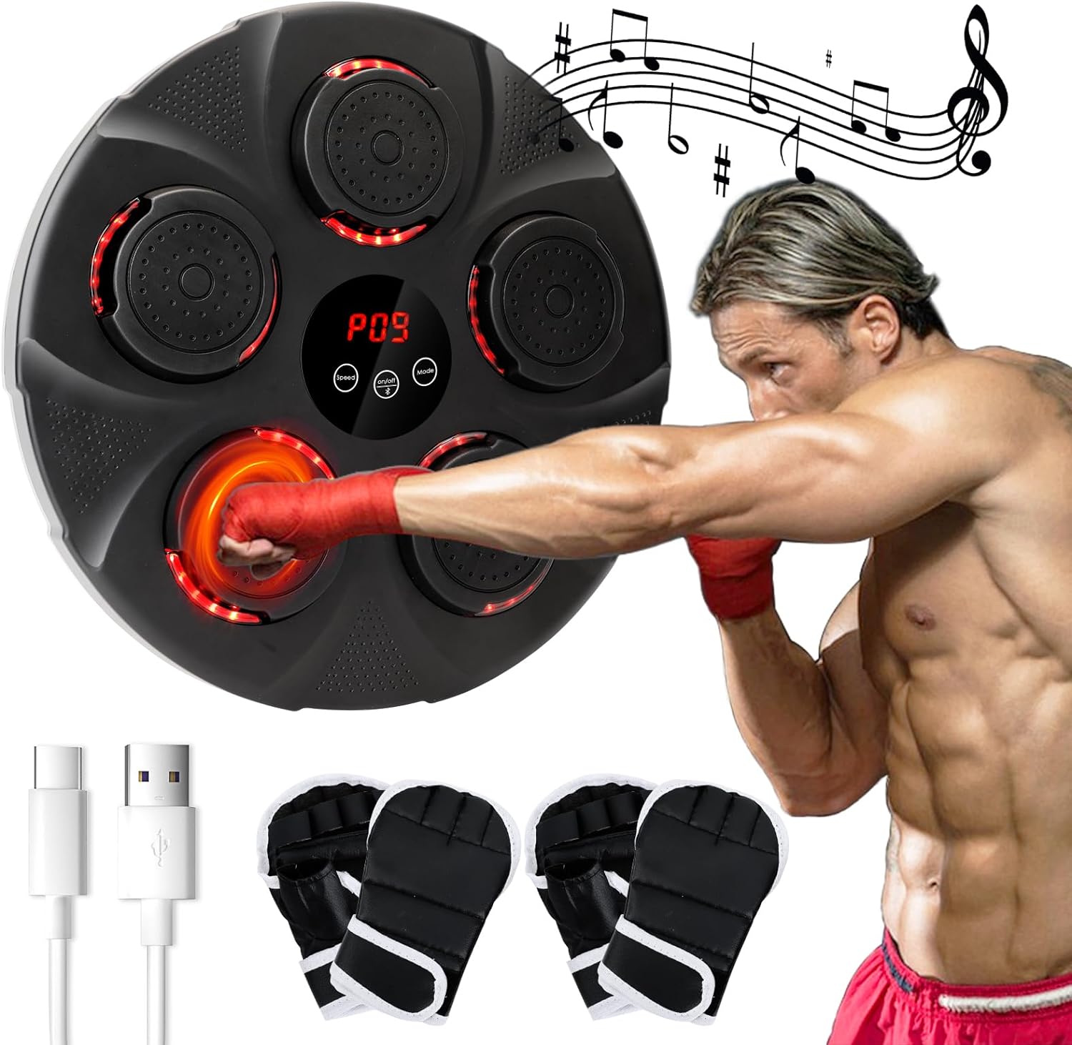 Smart Music Boxing Machine with 4 Boxing Gloves, Wall Mounted Bluetooth Boxing Trainer, LED Boxing Machine Set Suitable for Home, Indoor Relaxation