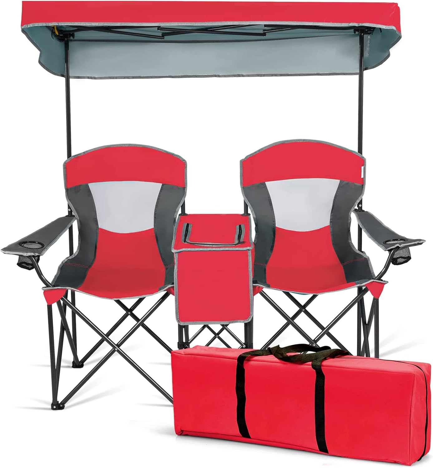 DORTALA Double Camping Chair with Canopy, 2 Person Folding Beach Chair with Canopy Shade, Table Beverage Holder and Storage Bag, Double Rocker Chair Outdoor for Camping, Beach, Picnic, Red