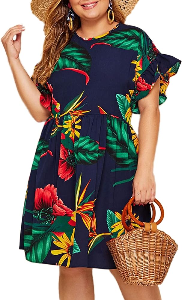 Milumia Women&#39;s Plus Size Tropical Leaf Print Ruffle Sleeve Pleated Short Dress