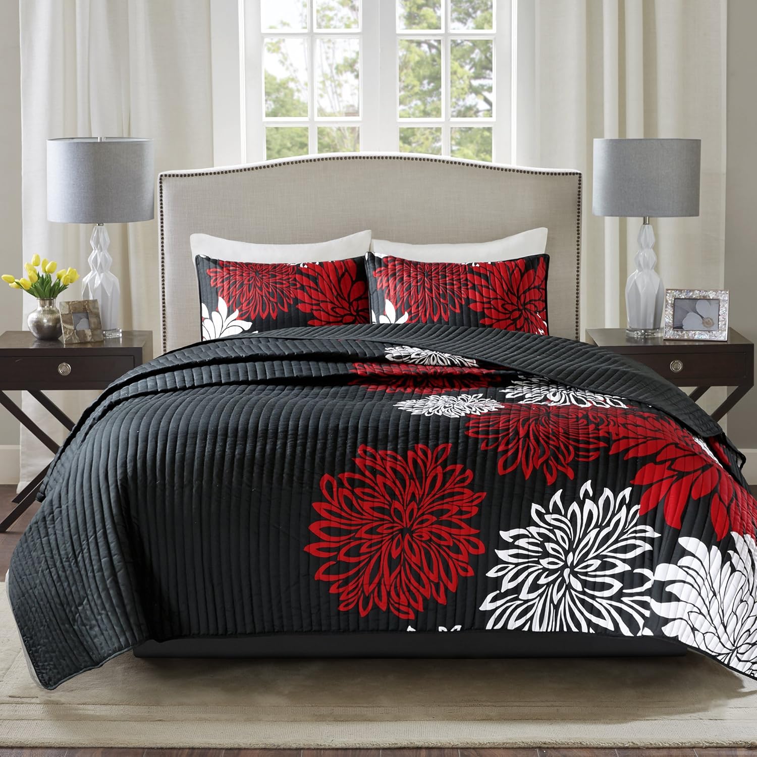 Comfort Spaces Enya Quilt Set - Casual Floral Print Channel Stitching Design, All Season, Lightweight Coverlet, Cozy Bedding, Matching Shams, Decorative Pillows, King(104x90), Red/Black 3 Piece