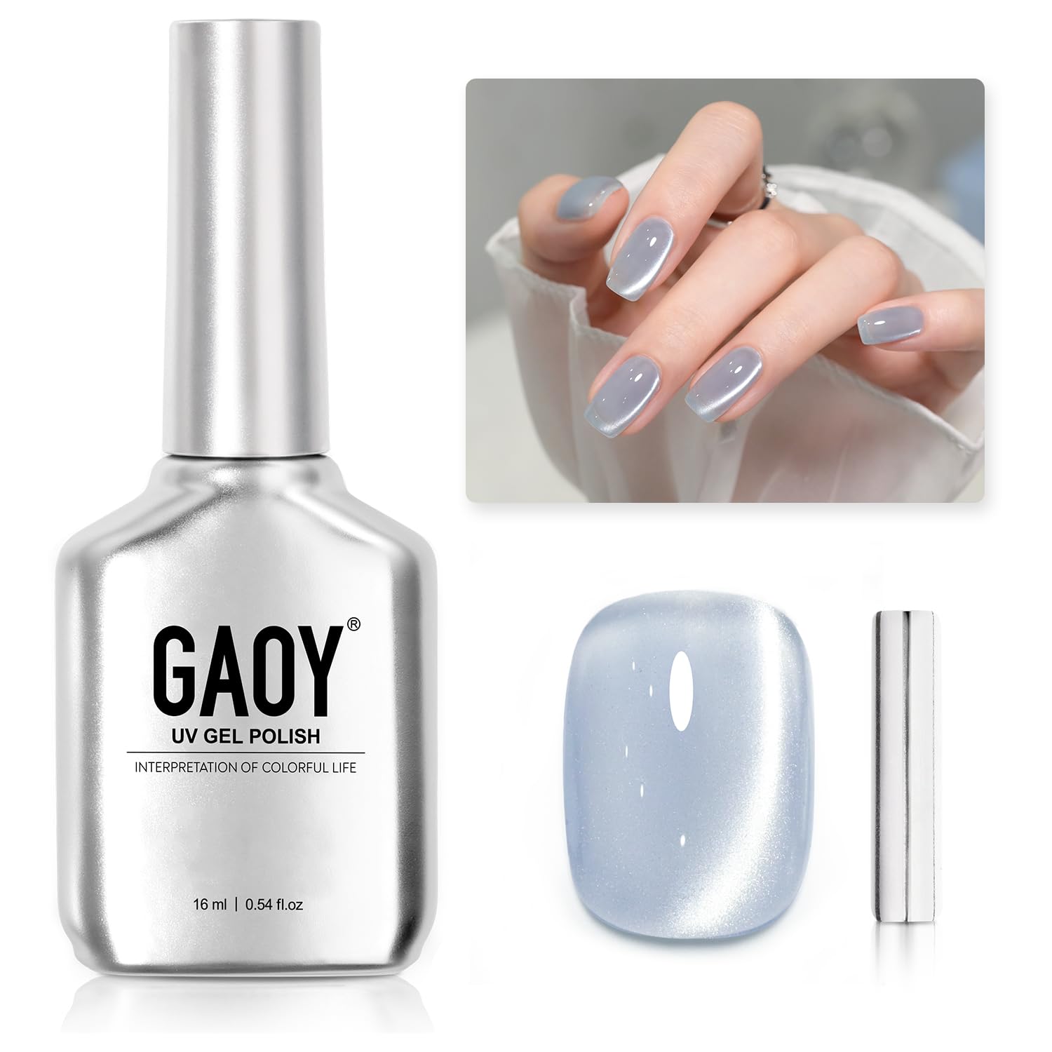 GAOY Blue Glassy Cat Eye Gel Nail Polish, 16ml Glitter Holographic Nail Polish with Magnet, Reflective Translucent UV Gel, 2336 Moonlight Coast