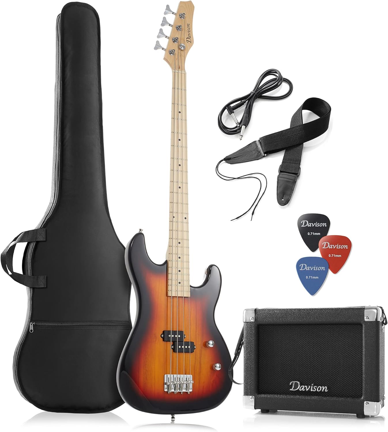 Full Size Electric Bass Guitar with 15-Watt Amp, Sunburst - 4 String Right Handed Beginner Kit with Gig Bag and Accessories