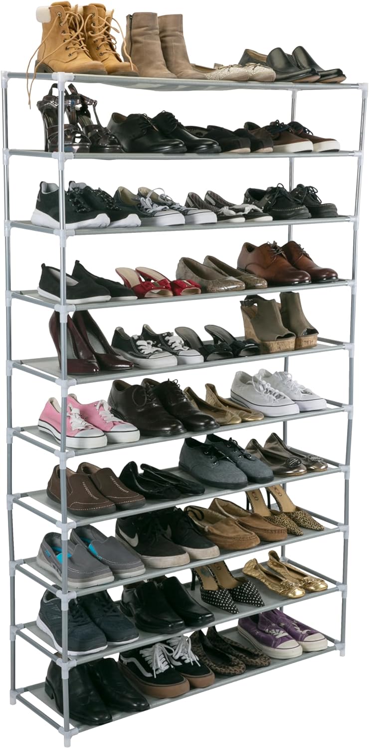 Simplify 10 Tier 50 Pair Freestanding Shoe Rack | Holds up to 100 Individual Shoes | Good for Sneakers, Boots, Loafers, Heels & Slippers | Grey