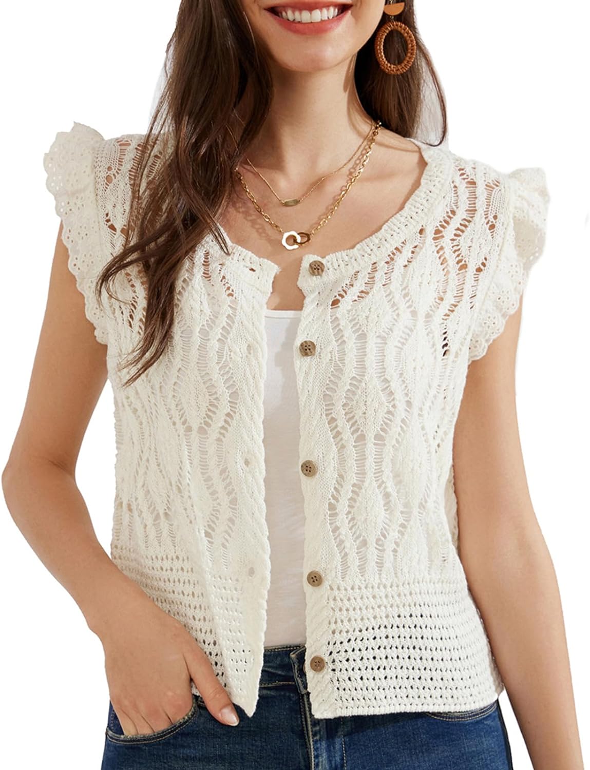 GRACE KARIN Crochet Cropped Cardigan Sweater Vest Ruffle Sleeve Lace Button Up Lightweight Bolero Shrugs for Dress Top 2024