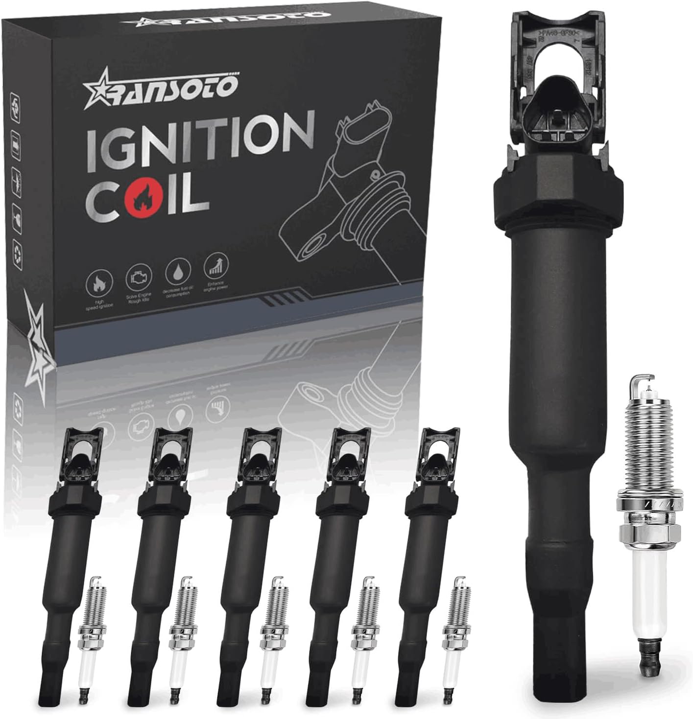 RANSOTO Ignition Coil And Iridium Spark Plug Set Compatible With 2006-2010 BMW 128i 325xi 328i 330i 525xi 528i 530i X3 X5 Z4 Replaces UF592, FR7NPP332 Set of 6