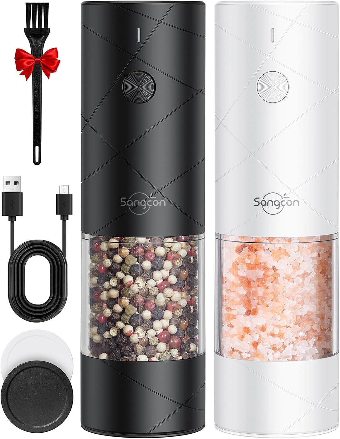 Sangcon Electric Salt And Pepper Grinder Set Rechargeable Shakers - No Battery Needed Automatic Mill -Adjustable Coarseness Light Weight Easy to Use Refillable - Salt Grinder - Gift for Kitchen