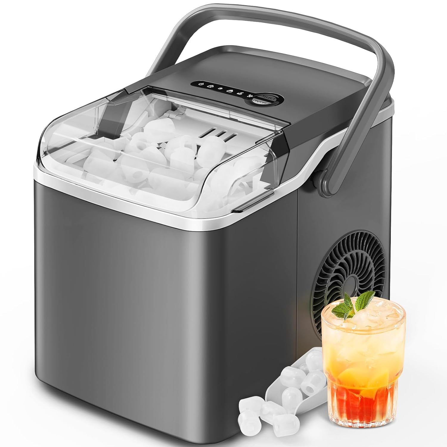 Silonn Countertop Ice Maker - 9 Cubes Ready in 6 Mins, 26lbs in 24Hrs, Portable Ice Machine with Self-Cleaning, 2 Sizes of Bullet Ice for Home/Kitchen/Party/RV, Grey