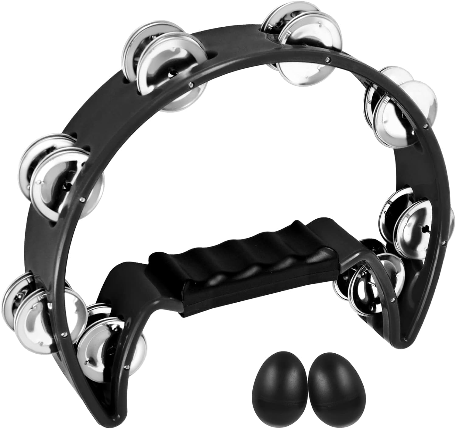 EastRock Tambourine,Metal Jingles Hand Held Percussion Half-Moon Tambourine and Egg Shakers for Kids, Adults, KTV, Party BLACK