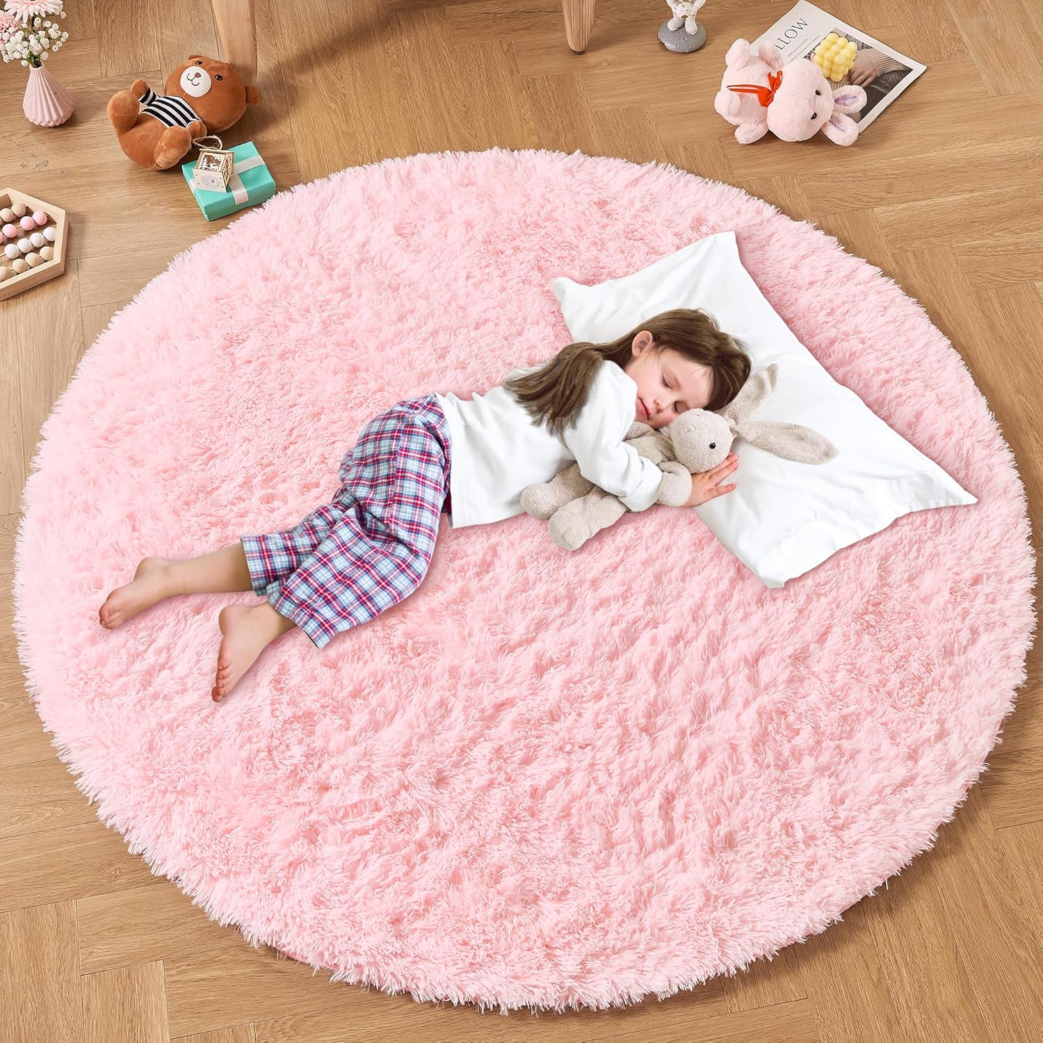 Andency Pink Round Area Rug for Girls Bedroom, Shag Circle Rug 4'X4' for Kids Room, Cute Fluffy Circular Carpet for Teen Girls Room, Shaggy Fuzzy Plush Rug for Nursery Room Dorm Playroom