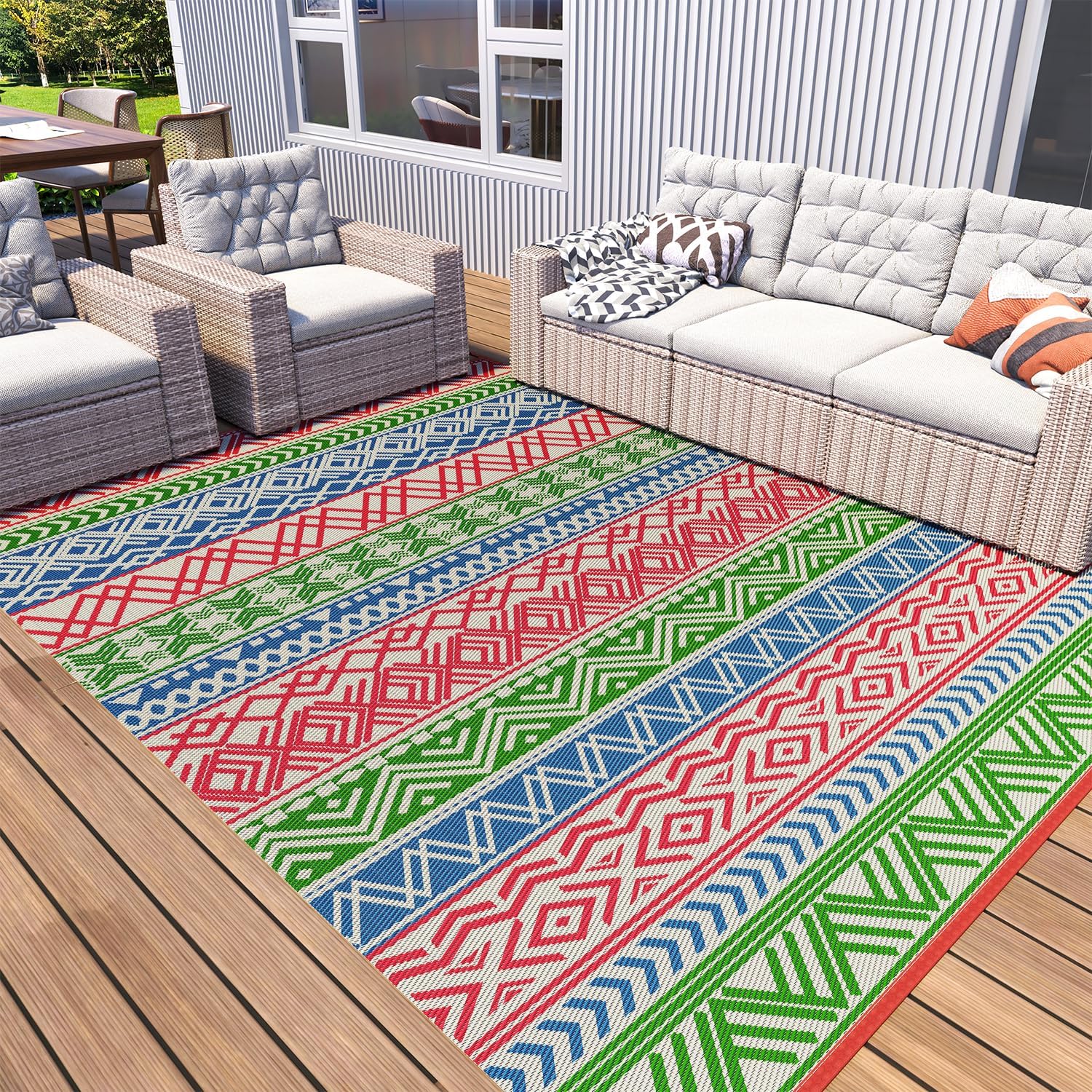 MontVoo Outdoor Rug Carpet Waterproof-Patio Rug Mat 5x8 Reversible RV Camping Rug Picnic Mat Plastic Straw Outside Rug for Balcony Porch Deck Beach-Boho Outdoor Area Rug for Patio Decor Colorful