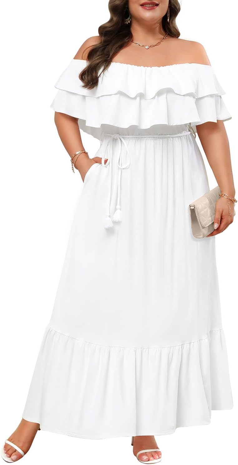 Plus Size Off The Shoulder Maxi Long Casual Layered Ruffle Beach Sundress Women Pocket 2024