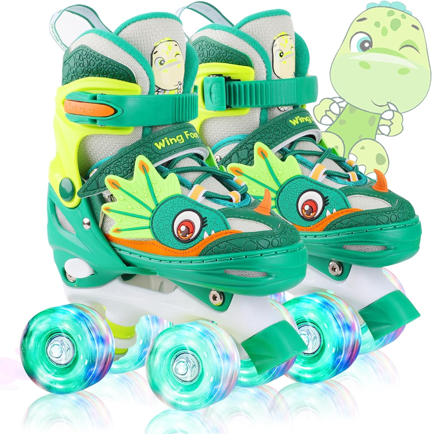 Dino Kids Toddler Roller Skates for Boys Girls,WESKIFAN Dinosaur Quad Skating Shoes with Shiny Light up Wheels&Adjustable Sizes Beginners rollerskates for Birthday Xmas Gifts