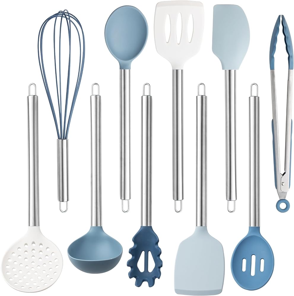 COOK WITH COLOR Silicone Cooking Utensils, 10 Pc Kitchen Utensil Set, Easy to Clean Silicone Kitchen Utensils, Cooking Utensils for Nonstick Cookware, Kitchen Gadgets Set (Blue and White)