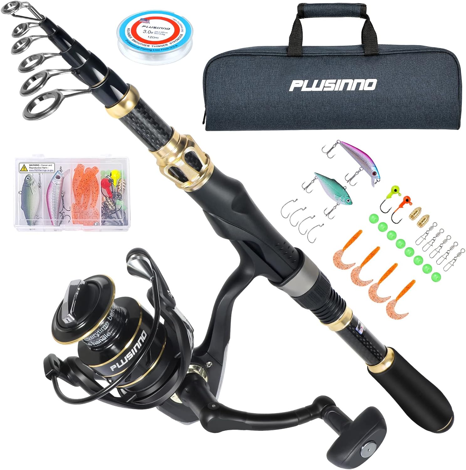 PLUSINNO Fishing Rod and Reel Combo,Fishing Pole,Telescopic Fishing Rod Kit with Spinning Reel, Telescopic Fishing Pole with Carrier Bag for Freshwater Saltwater for Men Women