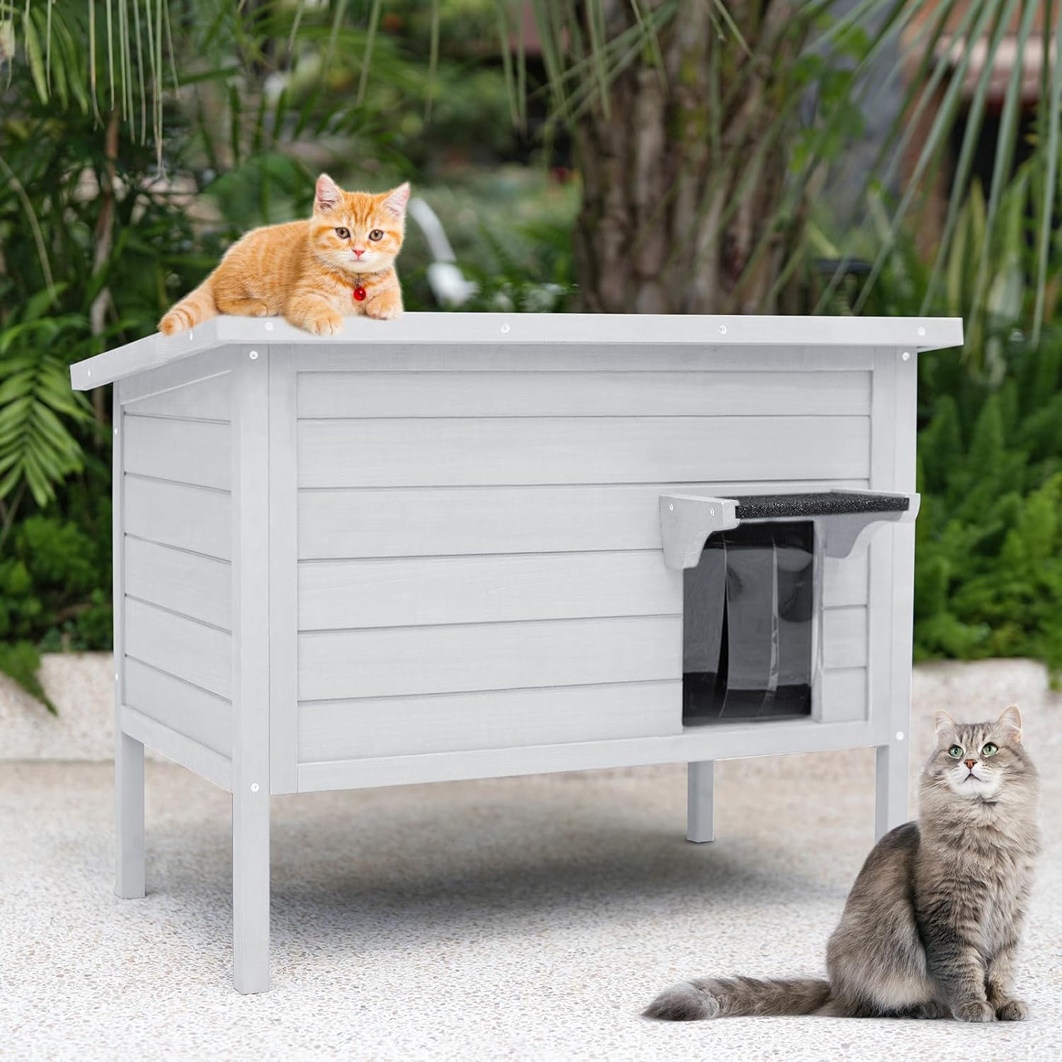 Outdoor Cat House Weatherproof, Feral Cat House Enclosures with Insulated All-Round Foam Wooden Cat Condos for Winter Outside, PVC Door Flaps(White)